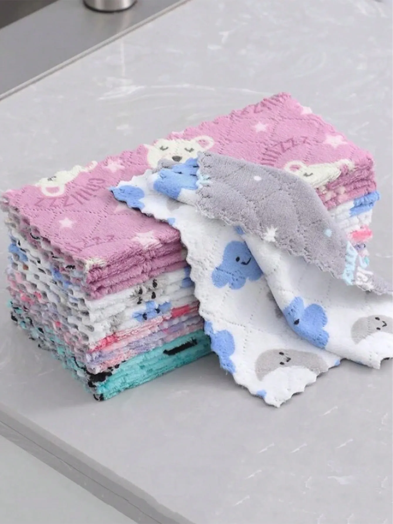 10pcs/Printed Coral Fleece 16*27cm/25cm*25cm Home Kitchen Cleaning Cloth, No-Stick Oil Coral Fleece Dish Cloth, Dual Sided Thicken Absorbent Dishwashing Sponge, Cleaning Rag, Scouring Pad, Heat Resistant Cloth