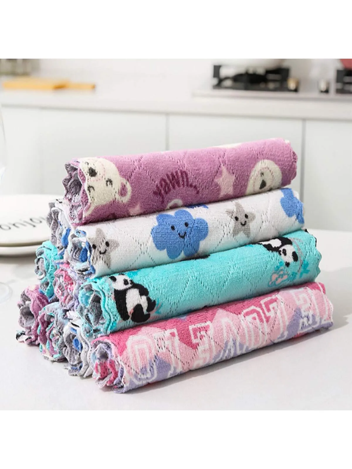 10pcs/Printed Coral Fleece 16*27cm/25cm*25cm Home Kitchen Cleaning Cloth, No-Stick Oil Coral Fleece Dish Cloth, Dual Sided Thicken Absorbent Dishwashing Sponge, Cleaning Rag, Scouring Pad, Heat Resistant Cloth