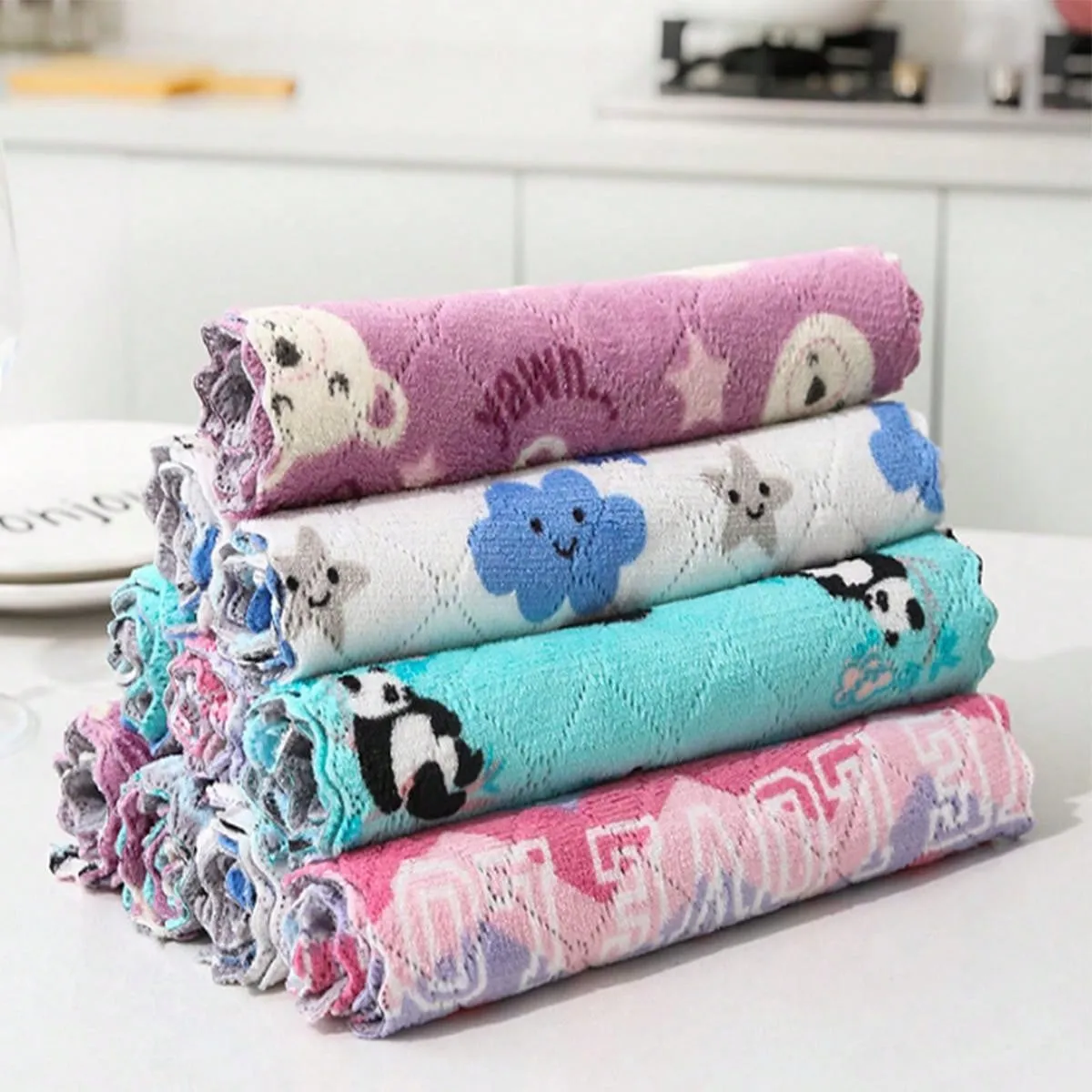 10pcs/Printed Coral Fleece 16*27cm/25cm*25cm Home Kitchen Cleaning Cloth, No-Stick Oil Coral Fleece Dish Cloth, Dual Sided Thicken Absorbent Dishwashing Sponge, Cleaning Rag, Scouring Pad, Heat Resistant Cloth