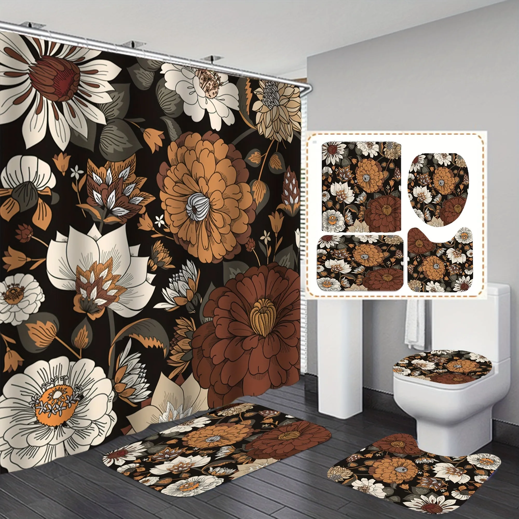 1/4pcs Bohemian Floral Bathroom Decor Set - Vibrant Shower Curtain & Rugs With 12 Hooks - Modern Abstract Flower Design, Water-Resistant, Soft & Durable Accessories For A Stylish Transformation