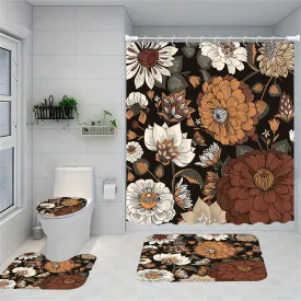 1/4pcs Bohemian Floral Bathroom Decor Set - Vibrant Shower Curtain & Rugs With 12 Hooks - Modern Abstract Flower Design, Water-Resistant, Soft & Durable Accessories For A Stylish Transformation