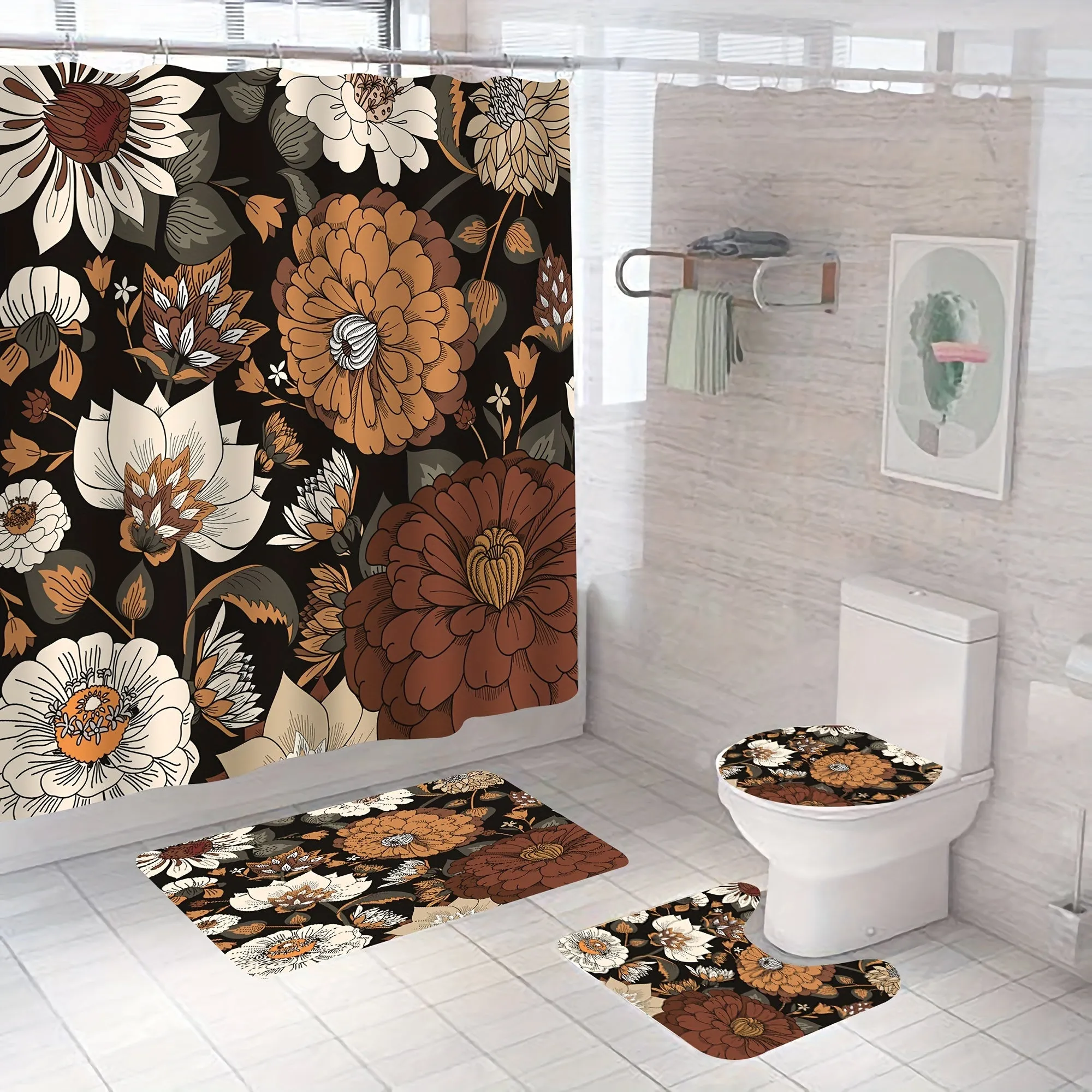 1/4pcs Bohemian Floral Bathroom Decor Set - Vibrant Shower Curtain & Rugs With 12 Hooks - Modern Abstract Flower Design, Water-Resistant, Soft & Durable Accessories For A Stylish Transformation