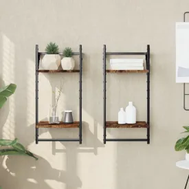 2-Tier Wall Shelves with Bars 2 pcs Smoked Oak 30x25x65 cm