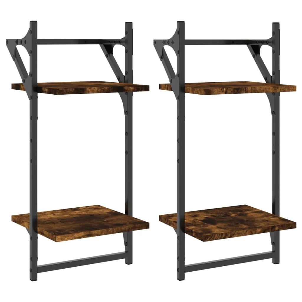 2-Tier Wall Shelves with Bars 2 pcs Smoked Oak 30x25x65 cm