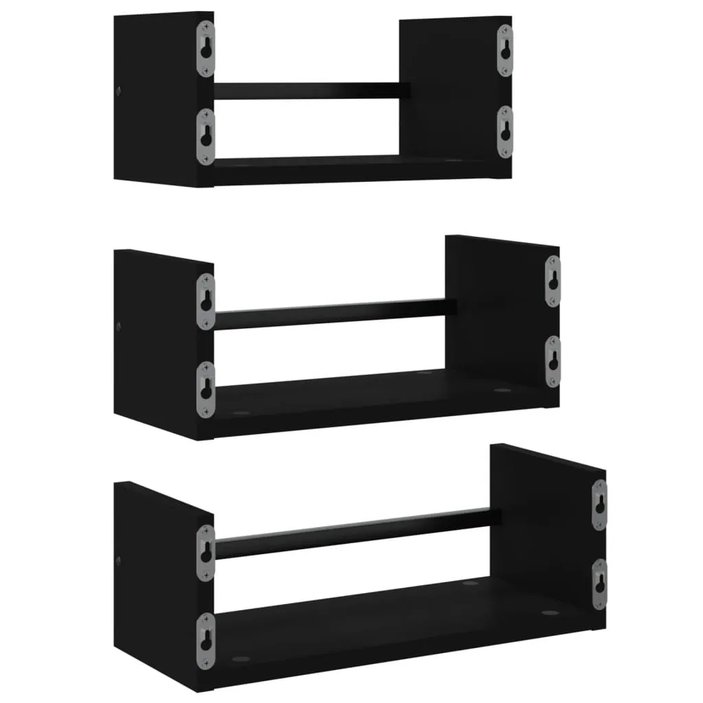 3 Piece Wall Shelf Set with Bars Black Engineered wood