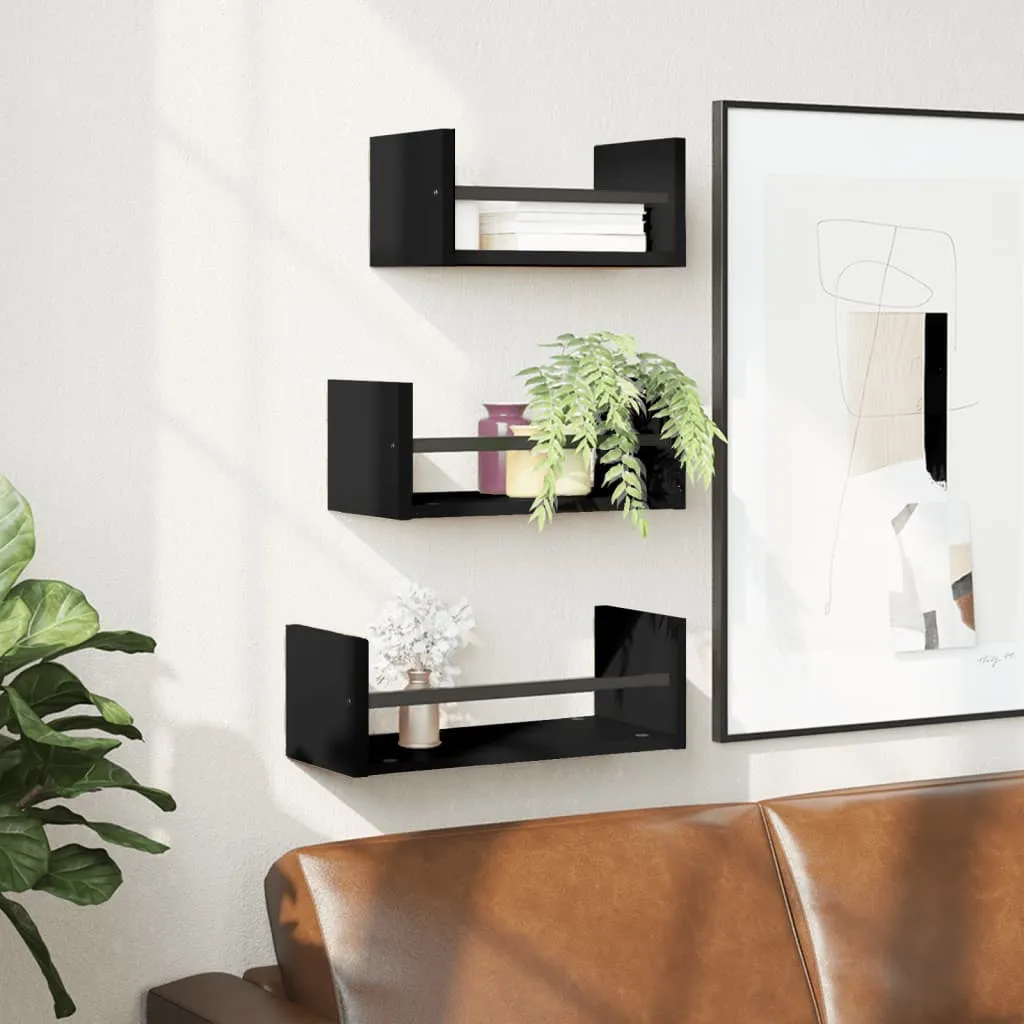 3 Piece Wall Shelf Set with Bars Black Engineered wood