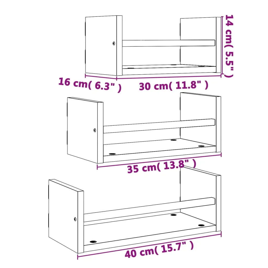 3 Piece Wall Shelf Set with Bars Black Engineered wood