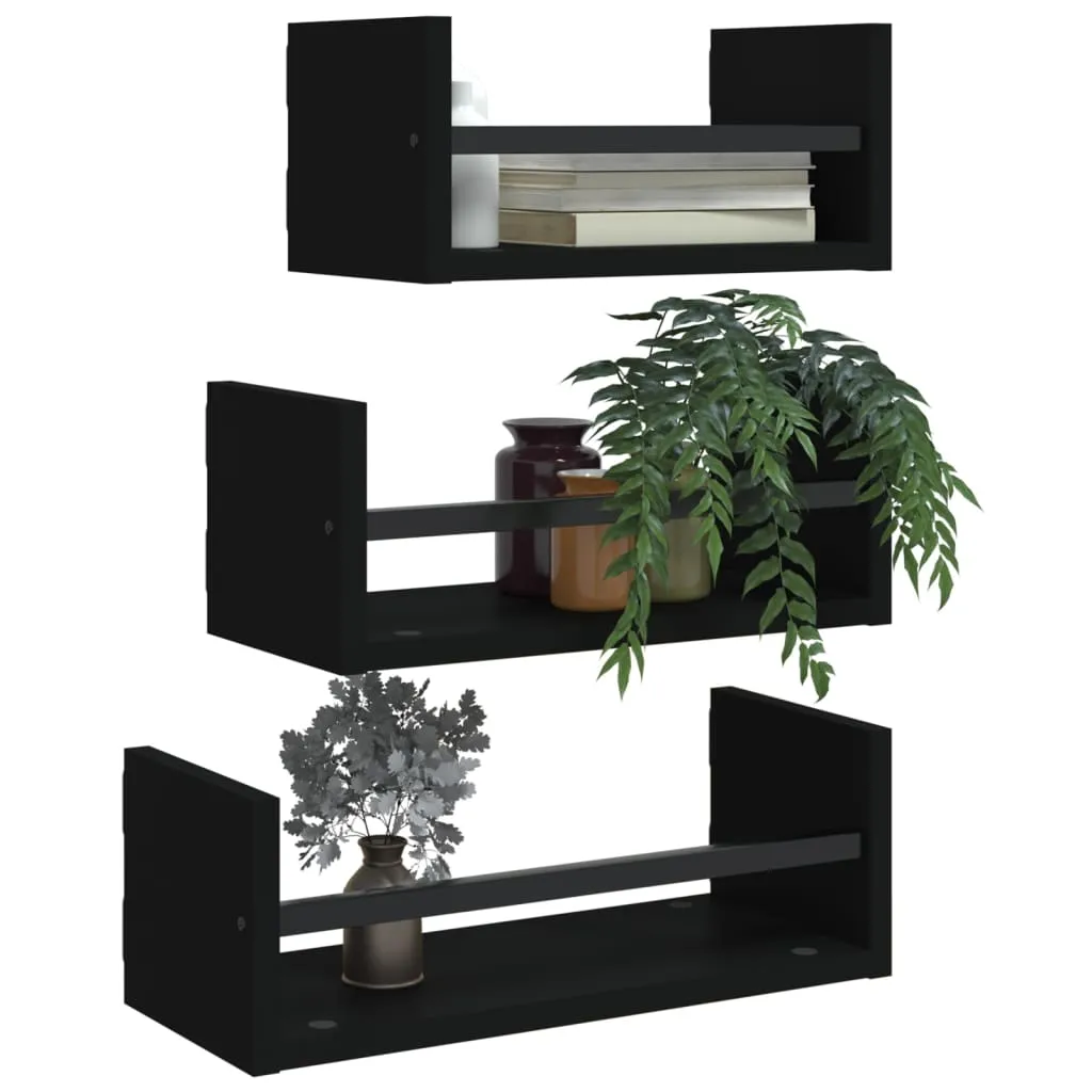 3 Piece Wall Shelf Set with Bars Black Engineered wood