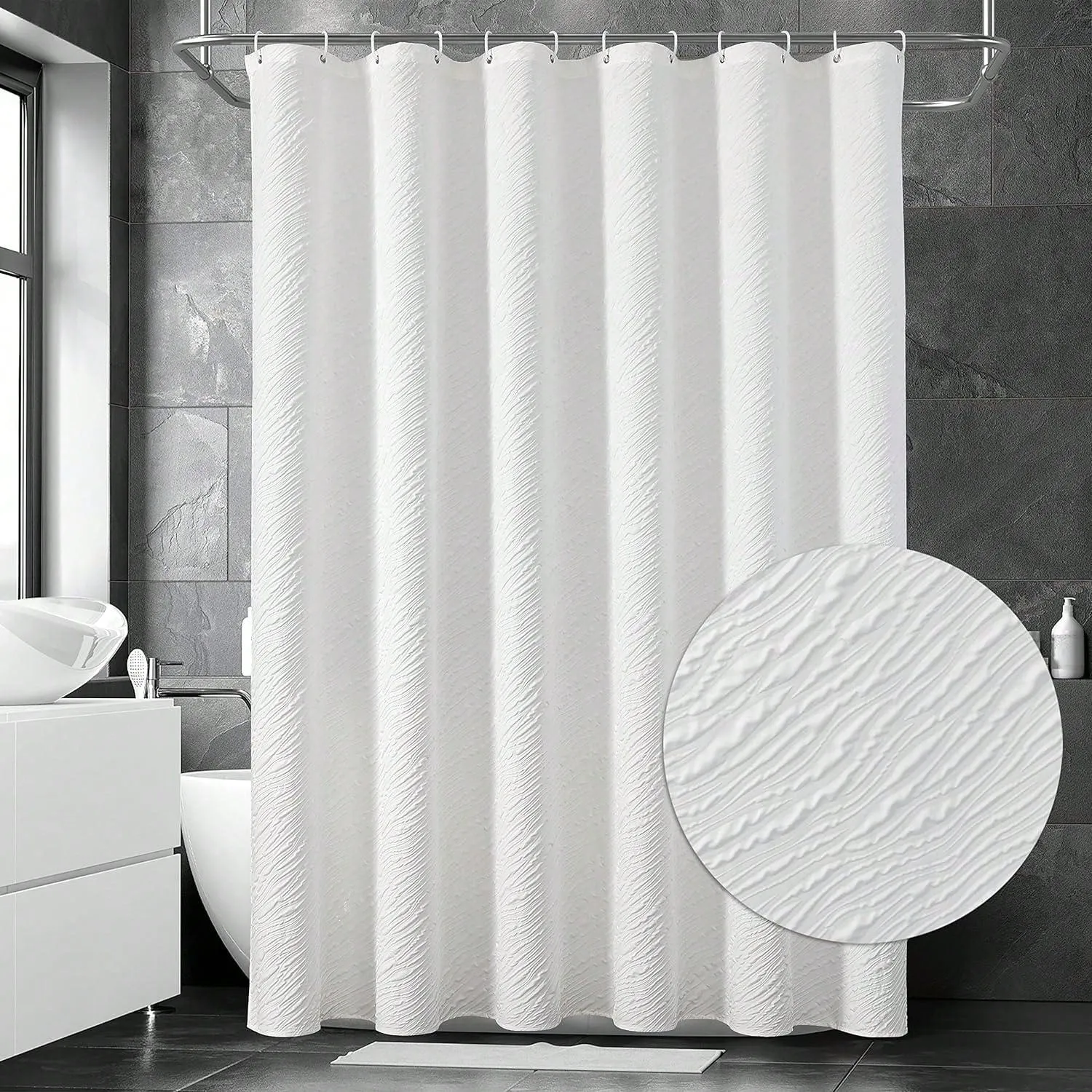 3D Textured Fabric Shower Curtain with Waterproof Finish - Complete Bathroom Upgrade