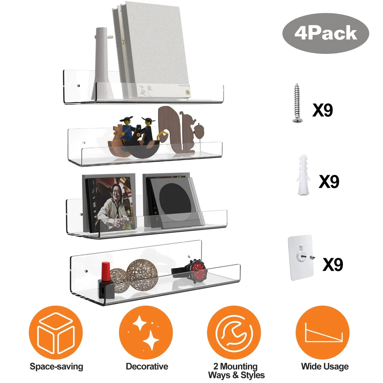 4-Pack: 15 inches Clear Acrylic Floating Shelves with 2 Mounting Ways