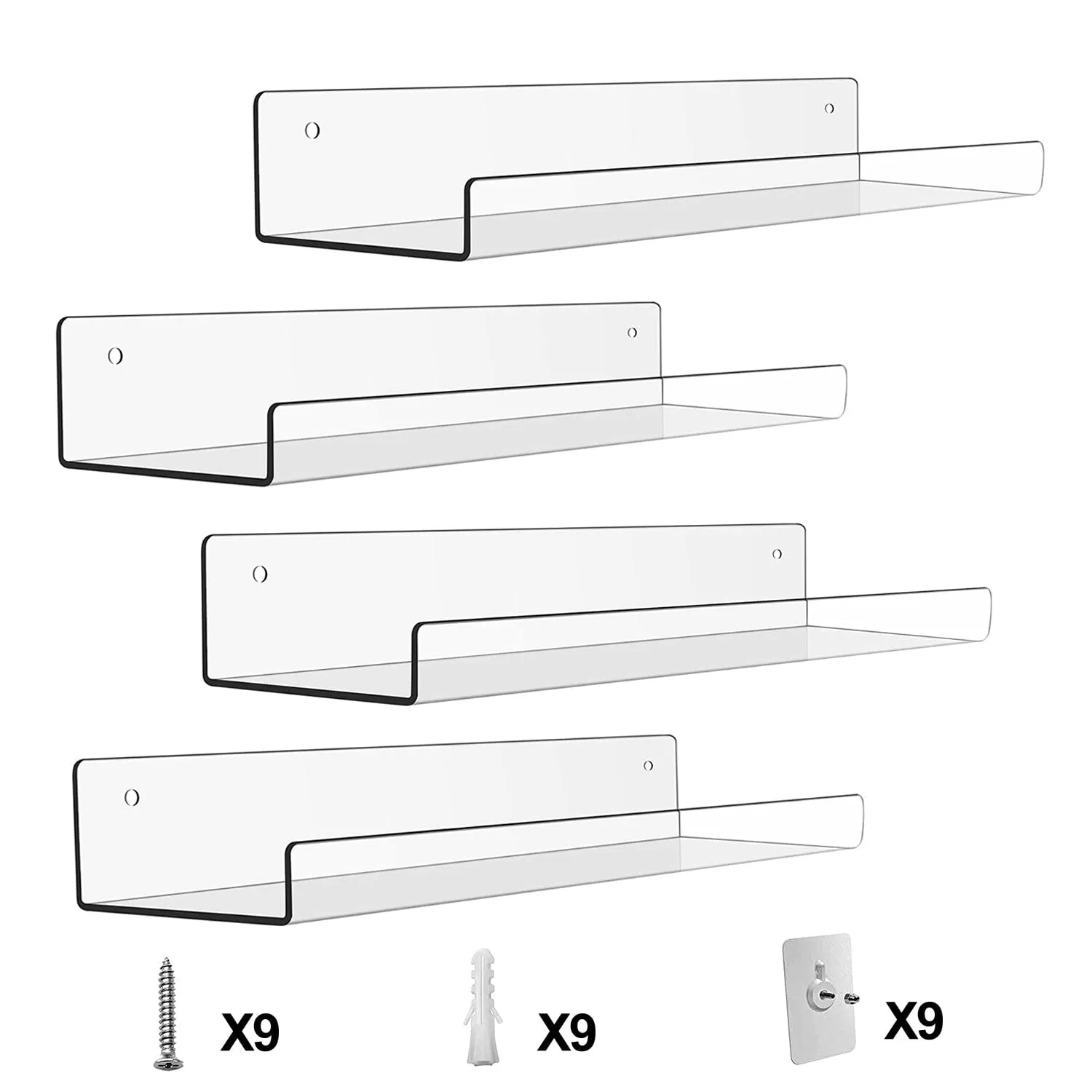 4-Pack: 15 inches Clear Acrylic Floating Shelves with 2 Mounting Ways