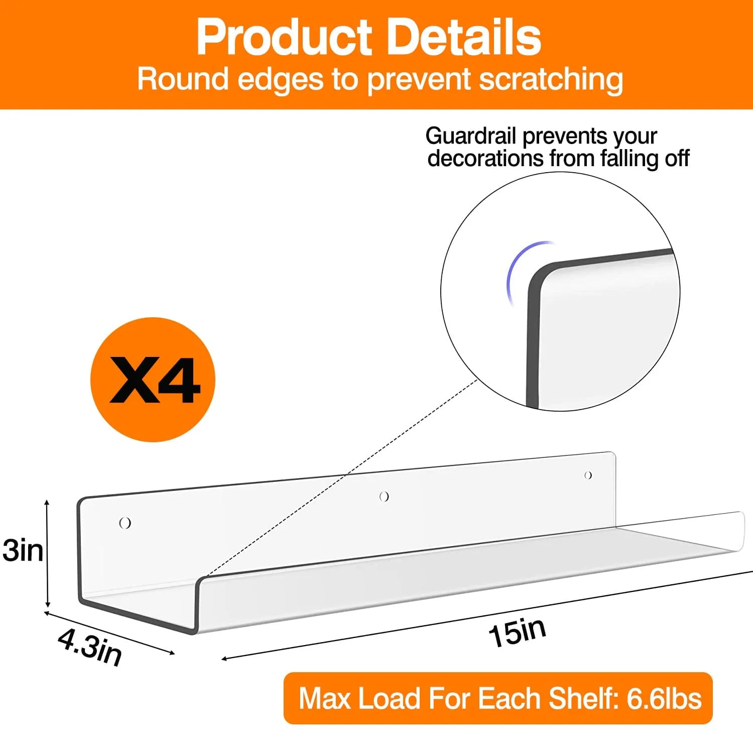 4-Pack: 15 inches Clear Acrylic Floating Shelves with 2 Mounting Ways