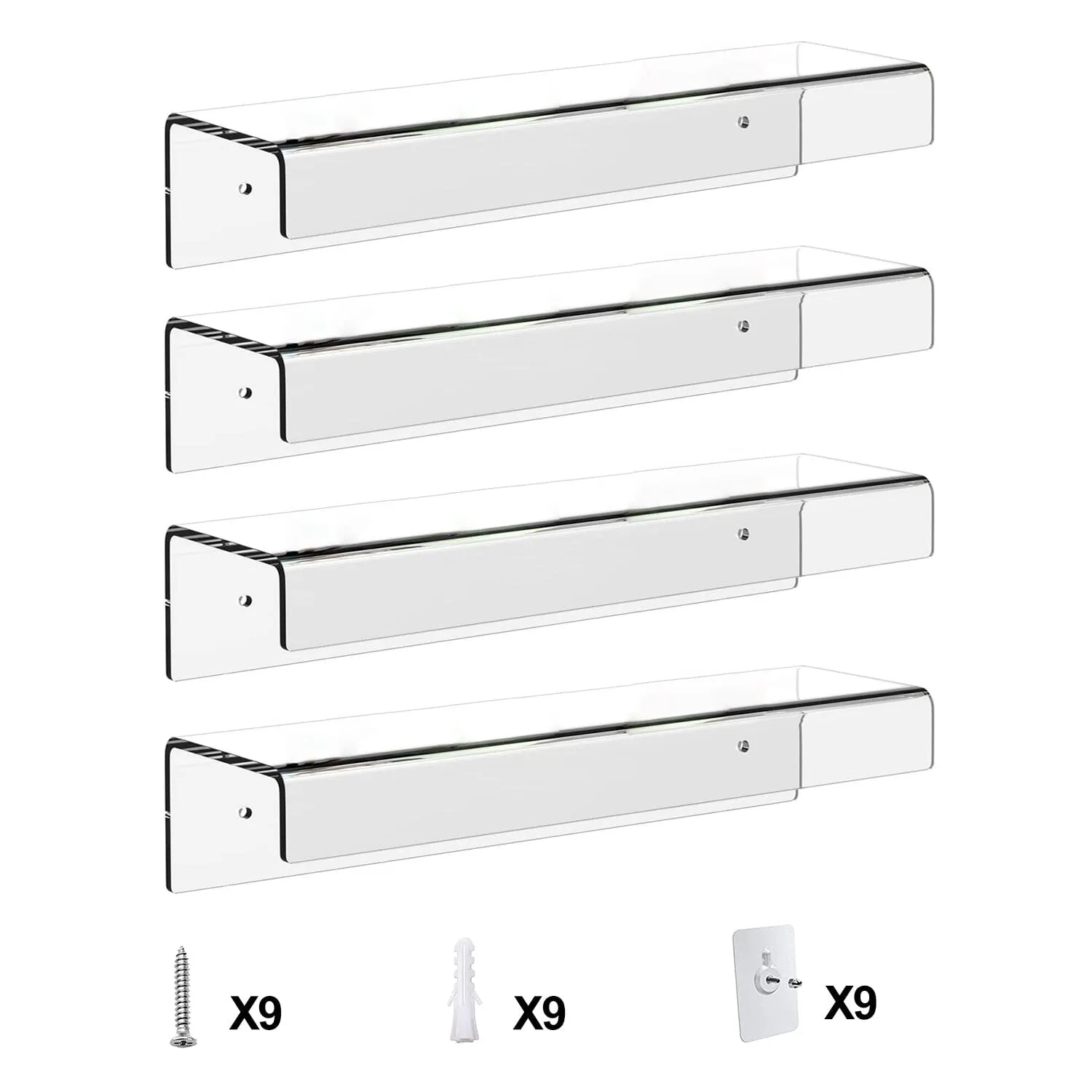 4-Pack: 15 inches Clear Acrylic Floating Shelves with 2 Mounting Ways