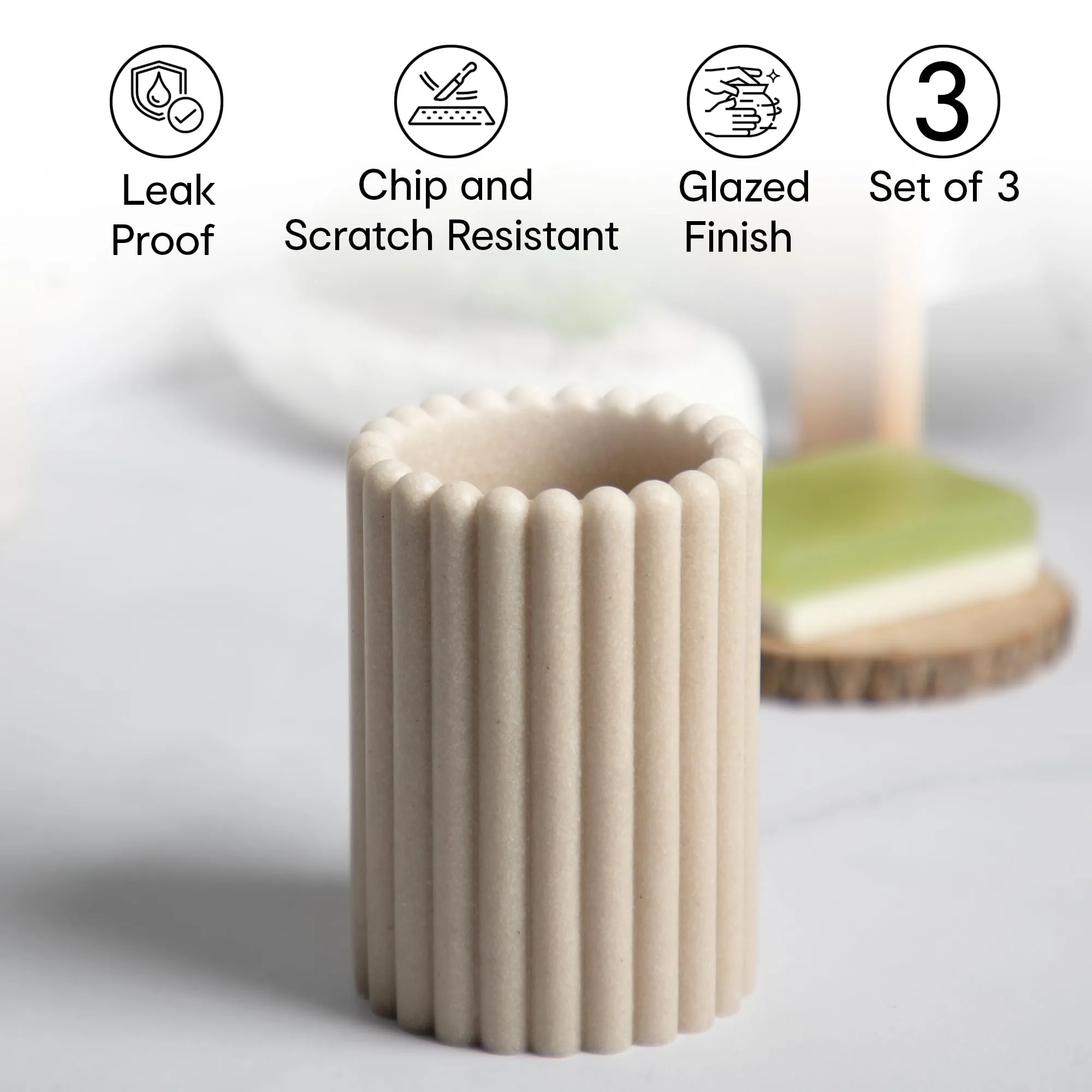 Anko Polyresin Toothbrush Holder for Bathroom | Toothpaste, Makeup Brush Holder for Bathroom | Bathroom Accessories for Wash Basin | Home, Office, Bathroom Organiser | Beige, Ribbed | Set of 3