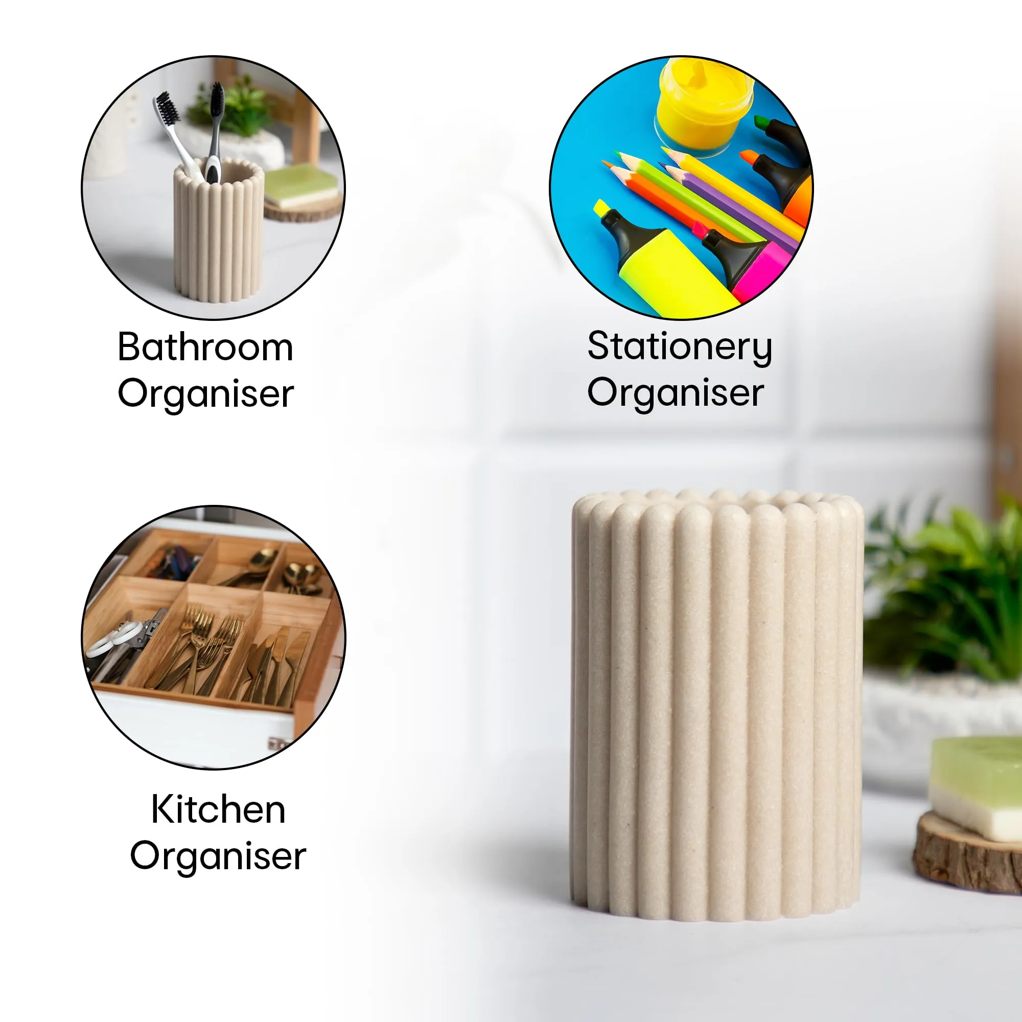 Anko Polyresin Toothbrush Holder for Bathroom | Toothpaste, Makeup Brush Holder for Bathroom | Bathroom Accessories for Wash Basin | Home, Office, Bathroom Organiser | Beige, Ribbed | Set of 3