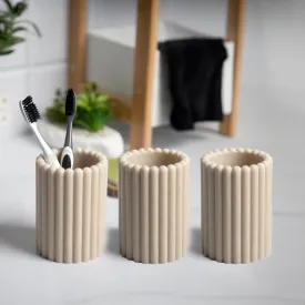 Anko Polyresin Toothbrush Holder for Bathroom | Toothpaste, Makeup Brush Holder for Bathroom | Bathroom Accessories for Wash Basin | Home, Office, Bathroom Organiser | Beige, Ribbed | Set of 3