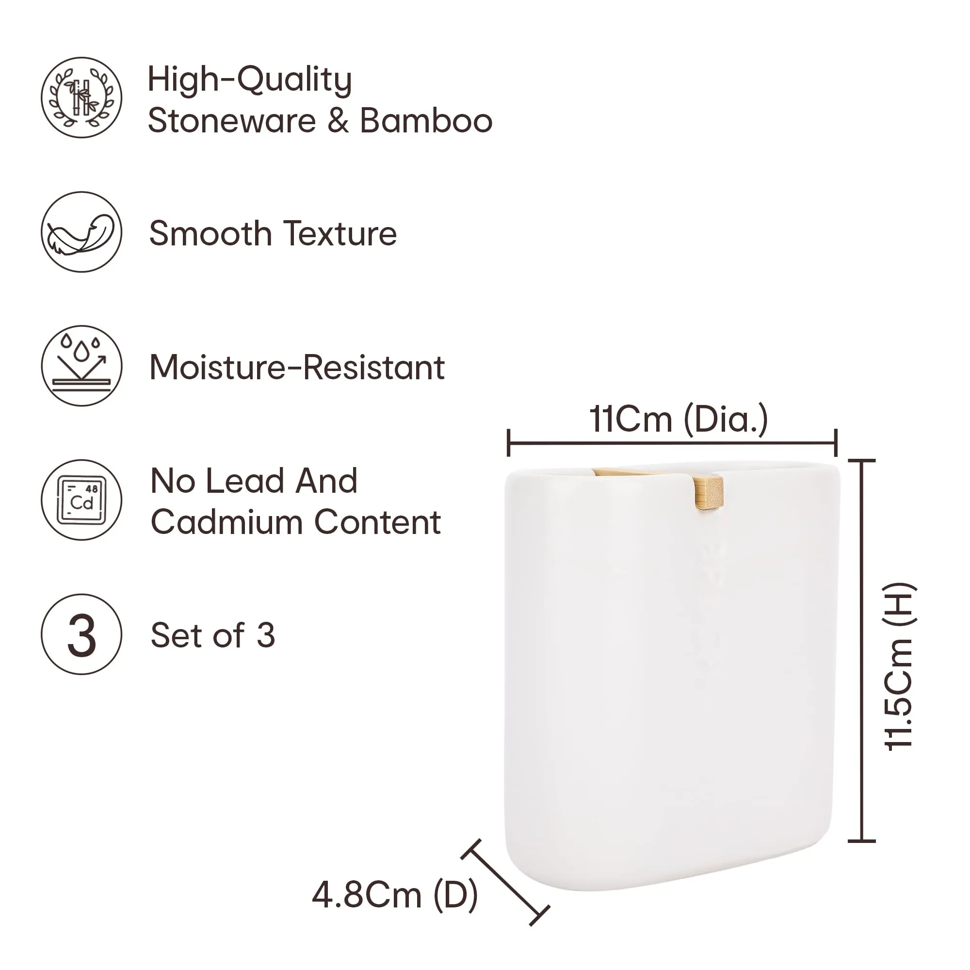 Anko Stoneware & Bamboo Toothbrush Holder for Bathroom - Pack of 3 | Rust-Proof, Leak-Proof, Easy to Clean | White | 11.5 Cm (H) x 11 Cm (W) x 4.8 Cm (D) (1 Pc)