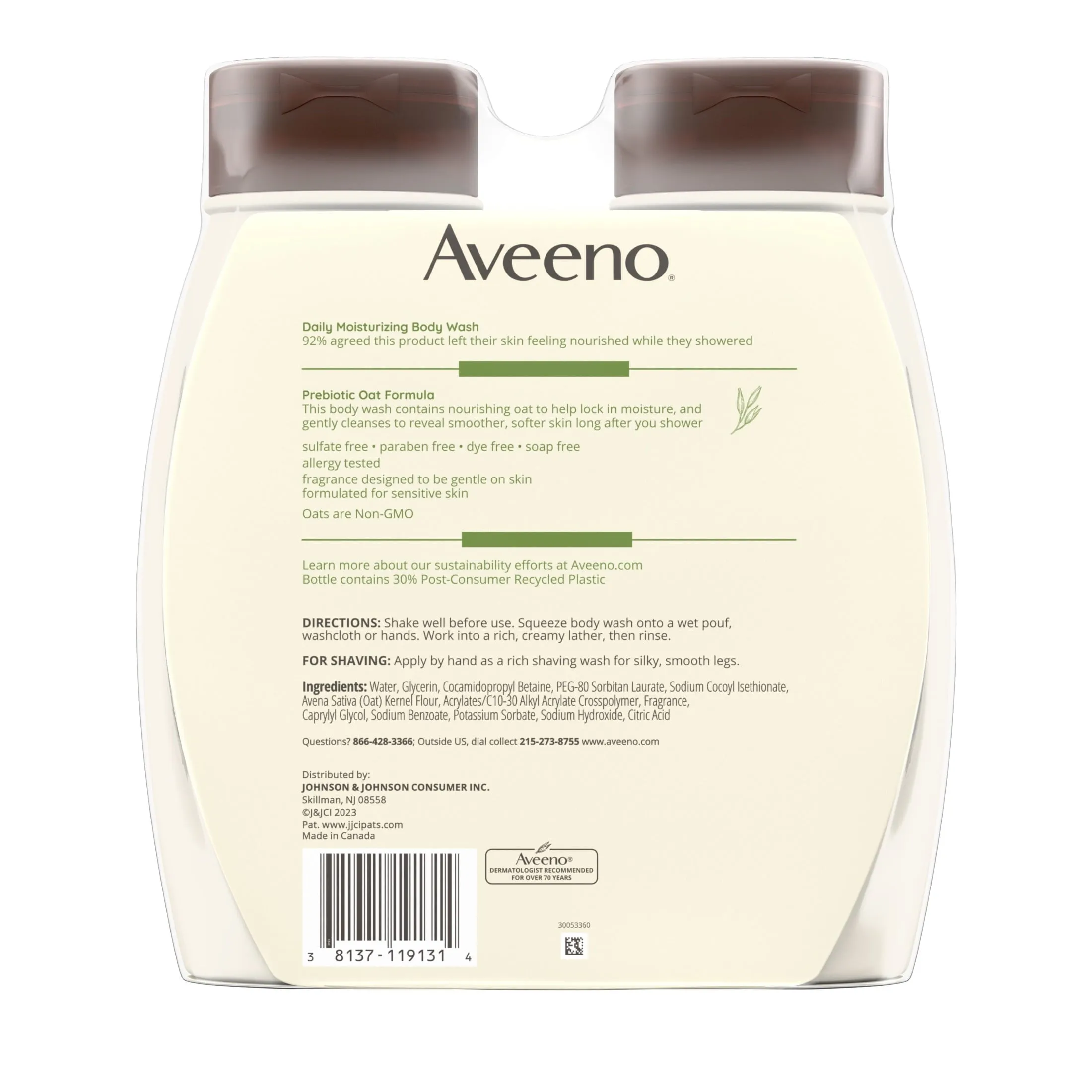 Aveeno Daily Moisturizing Oat Body Wash for Dry Skin, 18 fl. oz x 2