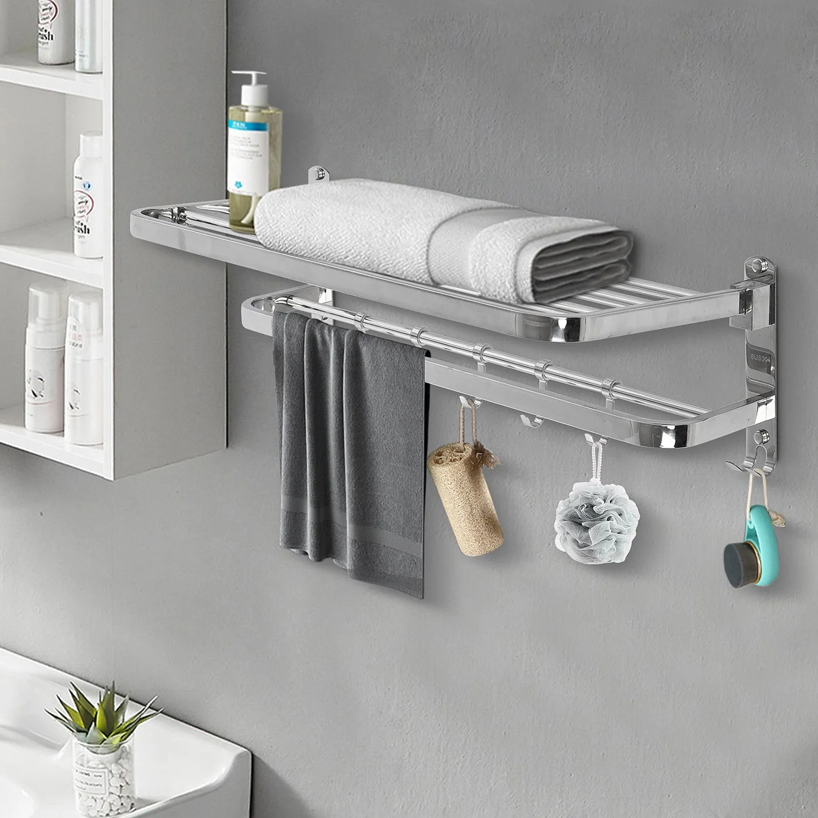 Bathroom Wall-Mounted Towel Rack 304 Stainless Steel, Towel Rail with Hooks