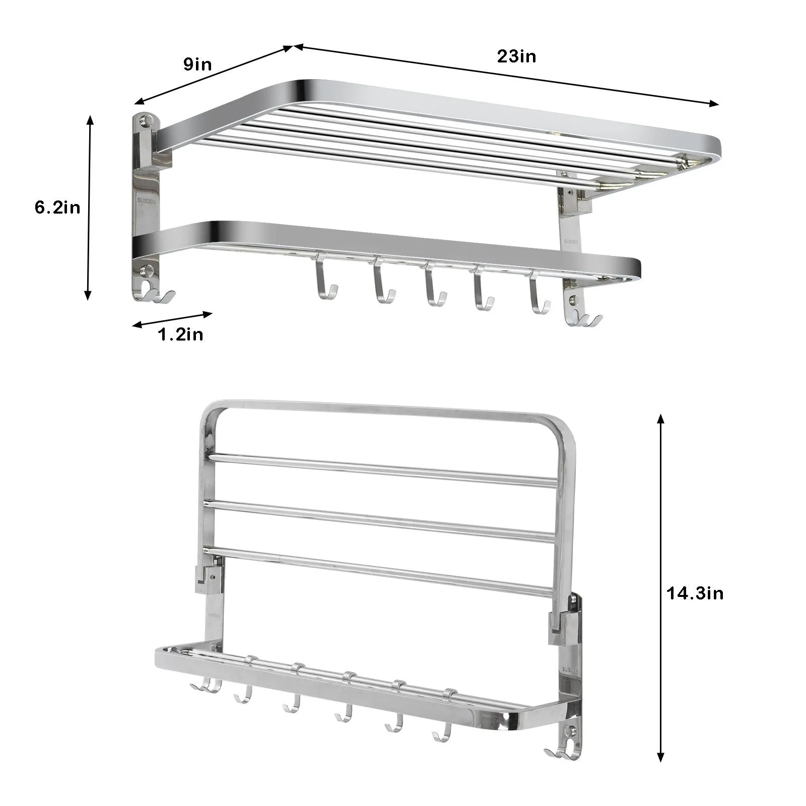 Bathroom Wall-Mounted Towel Rack 304 Stainless Steel, Towel Rail with Hooks