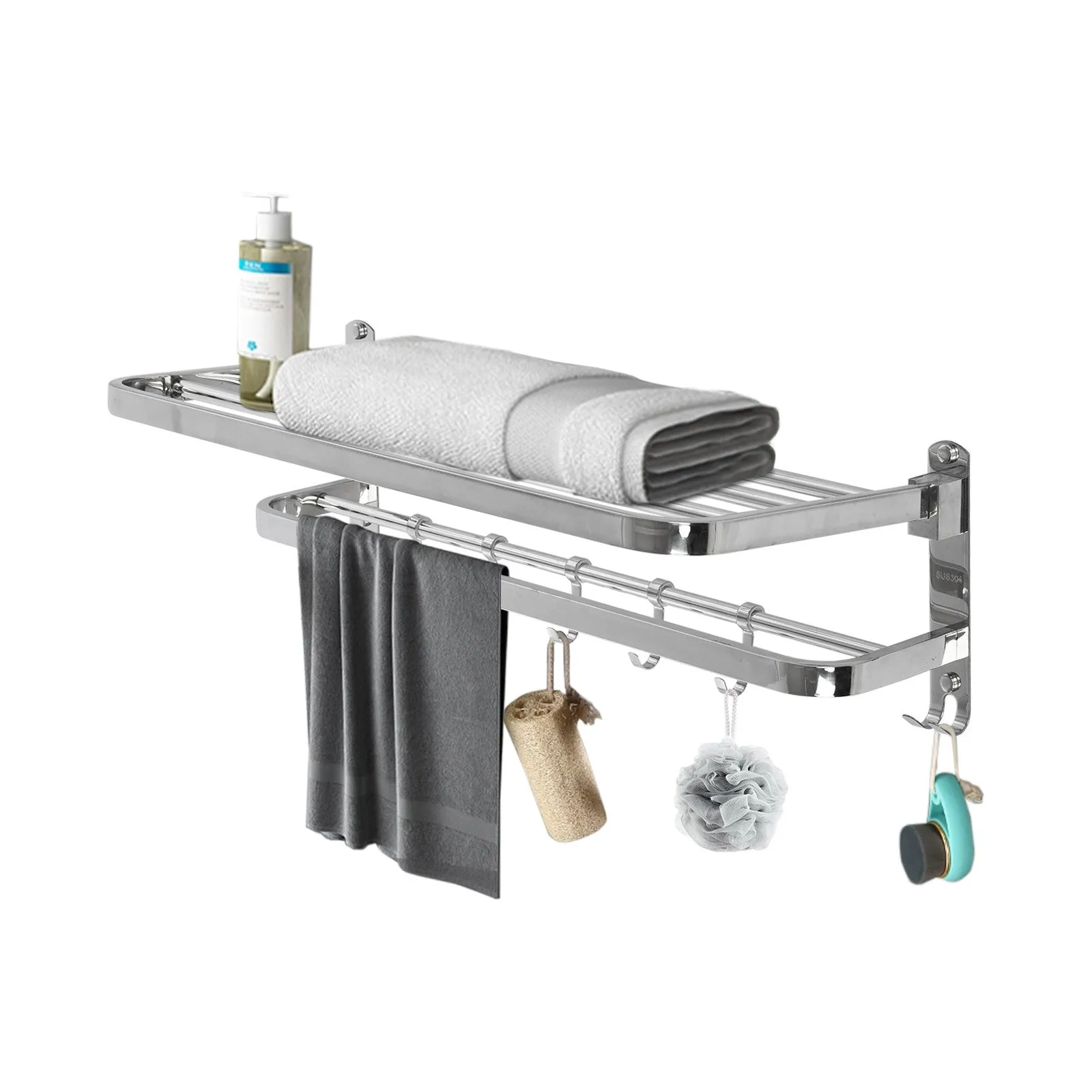 Bathroom Wall-Mounted Towel Rack 304 Stainless Steel, Towel Rail with Hooks