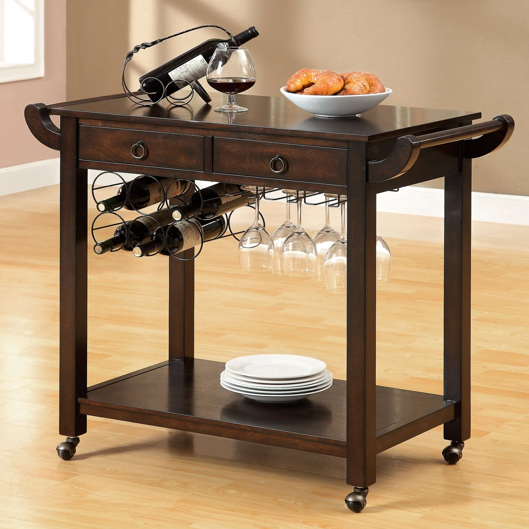 Camino Transitional Dark Walnut Wine Rack Kitchen Cart