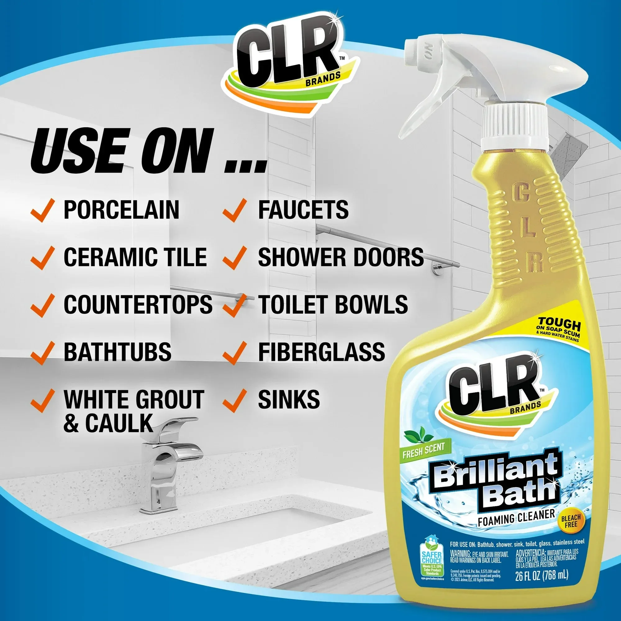 CLR Brilliant Bath Foaming Multi-Surface Cleaner, Fresh Scent, EPA Safer Choice, 26 fl oz