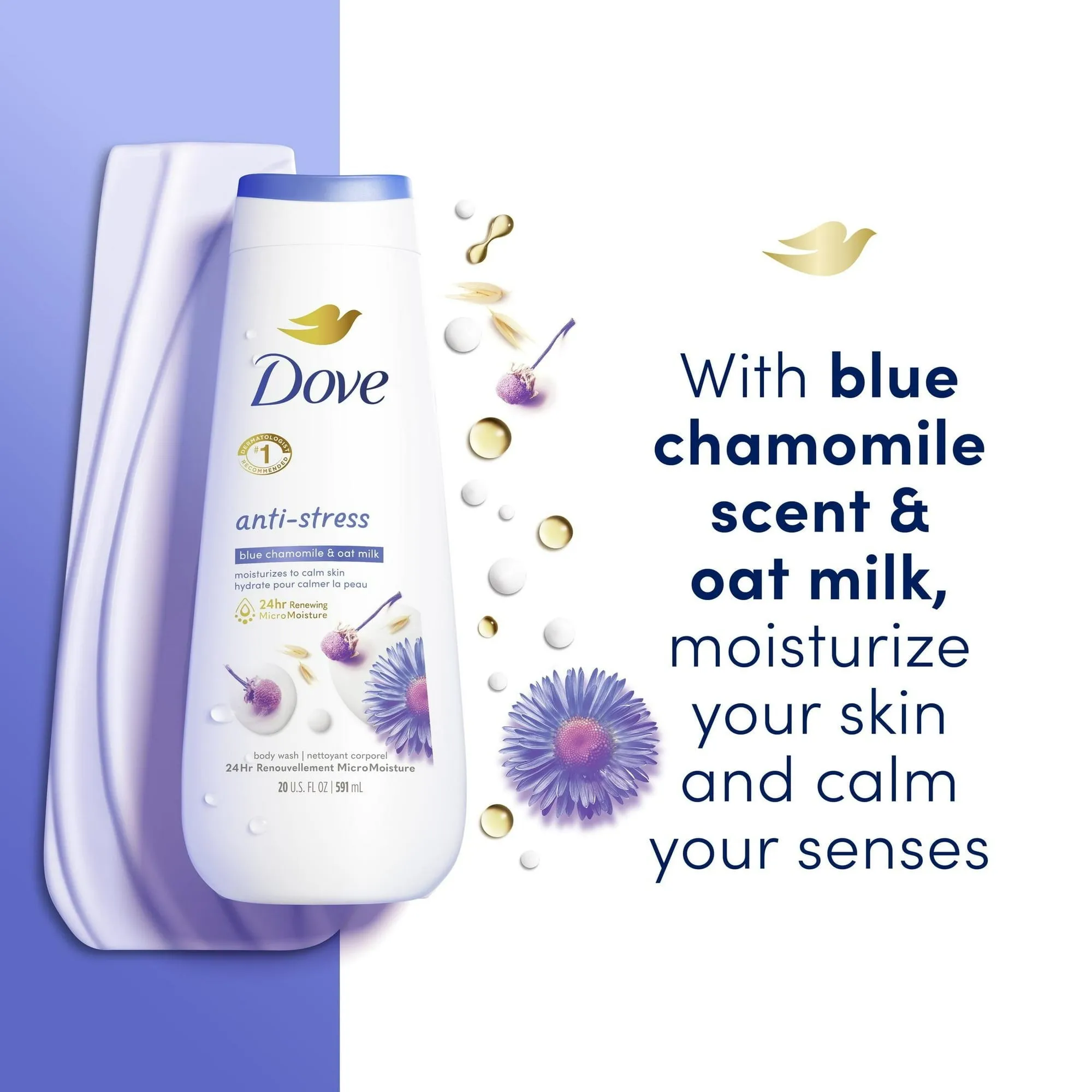 Dove Anti-Stress Long Lasting Women's Body Wash All Skin Type, Blue Chamomile & Oat Milk, 20 fl oz