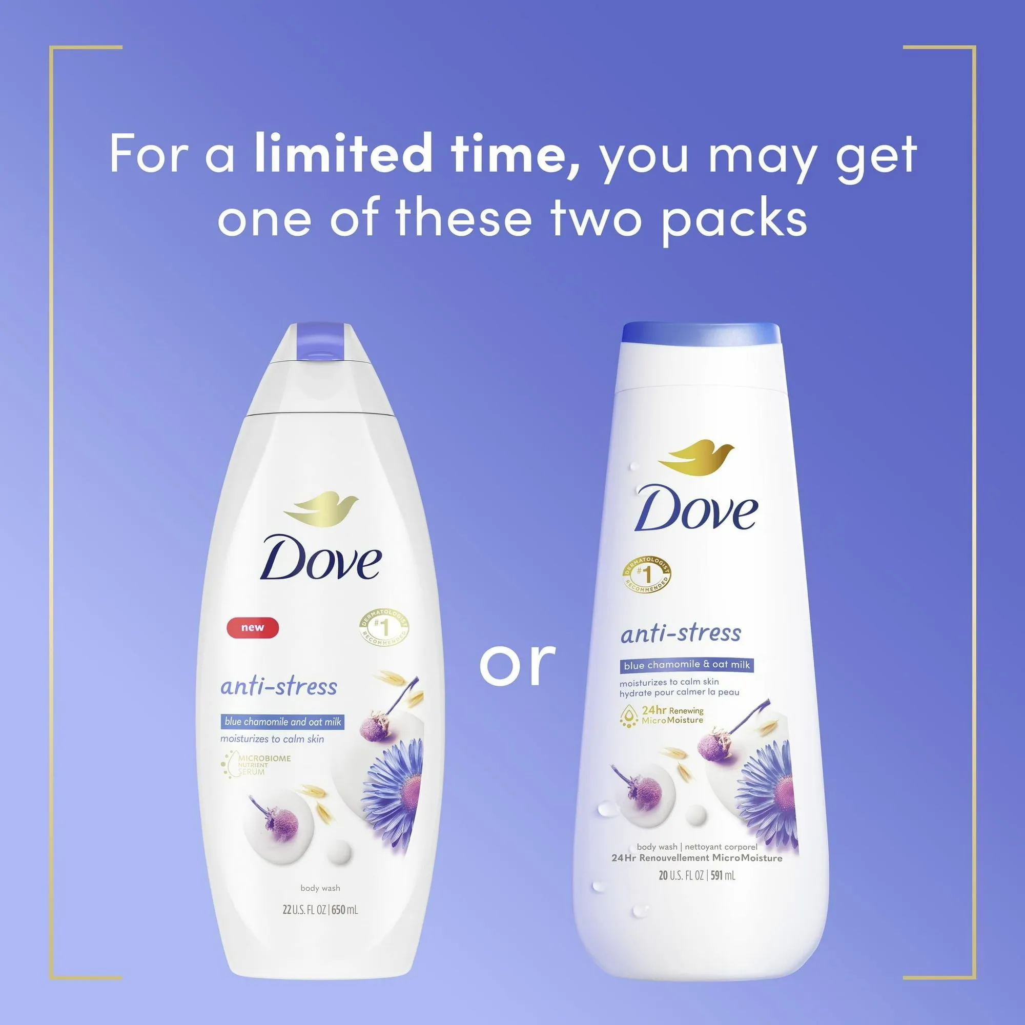 Dove Anti-Stress Long Lasting Women's Body Wash All Skin Type, Blue Chamomile & Oat Milk, 20 fl oz