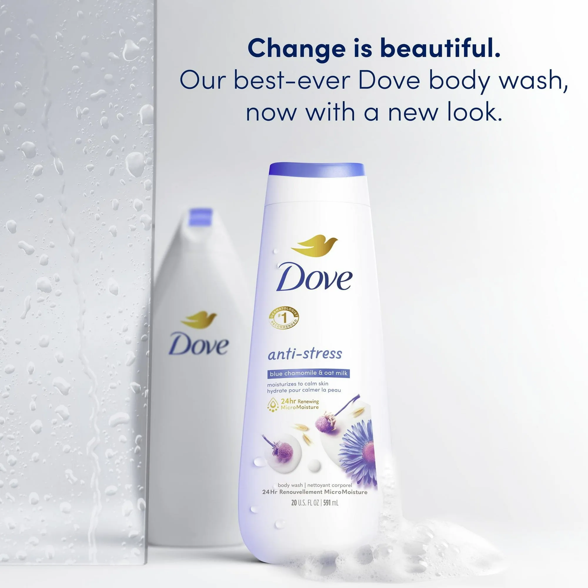 Dove Anti-Stress Long Lasting Women's Body Wash All Skin Type, Blue Chamomile & Oat Milk, 20 fl oz