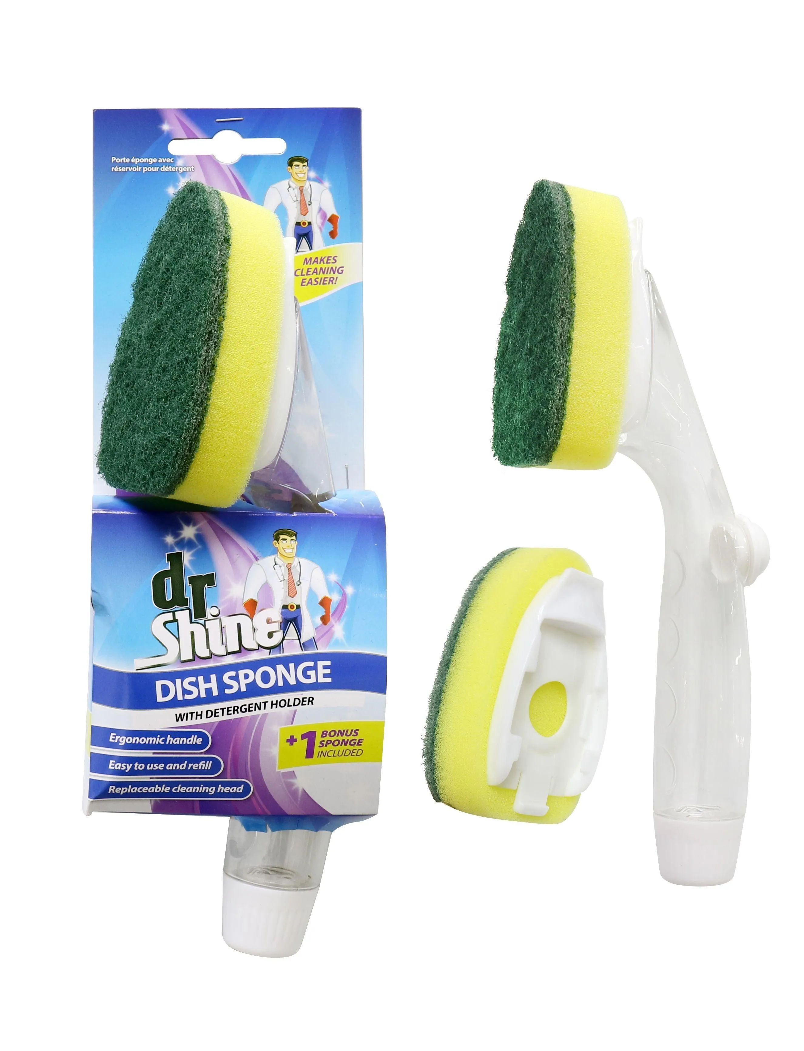 Dr Shine Dish Sponge With Detergent Holder |  1 Bonus Sponge Included