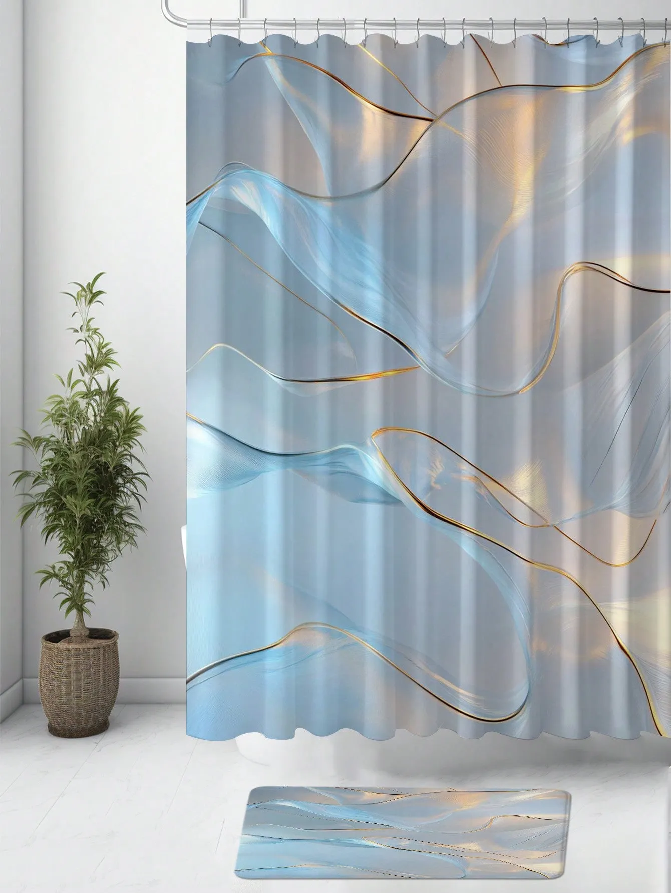 Dreamy Blue Ombre Shower Curtain Set: Modern Metallic Gradient Bathroom Décor with Anti-Slip Rug and Toilet Mat