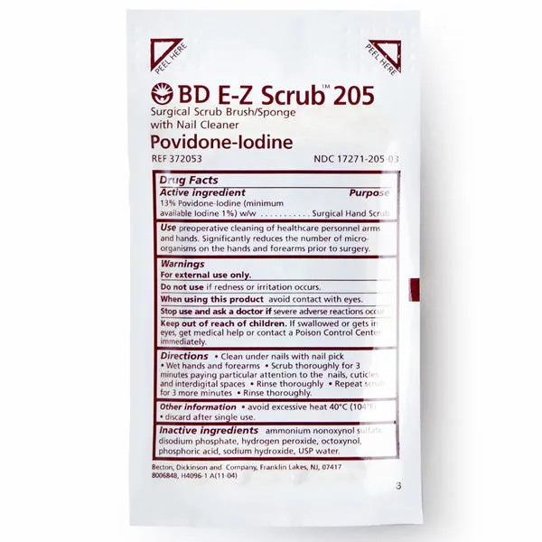 EZ Surgical Scrub Brush 205 with Sponge Impregnated with Povidone Iodine (PVP-I) 30/bx