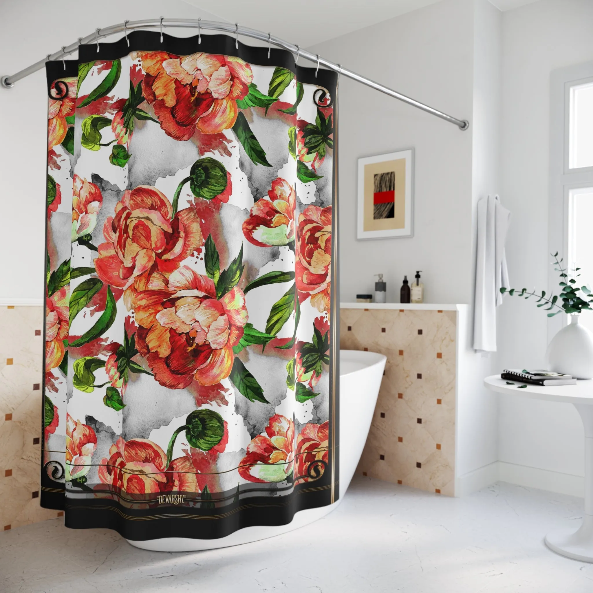 Floral Print Shower Curtain Watercolor Painted Floral Curtain for Bathroom | 10086B