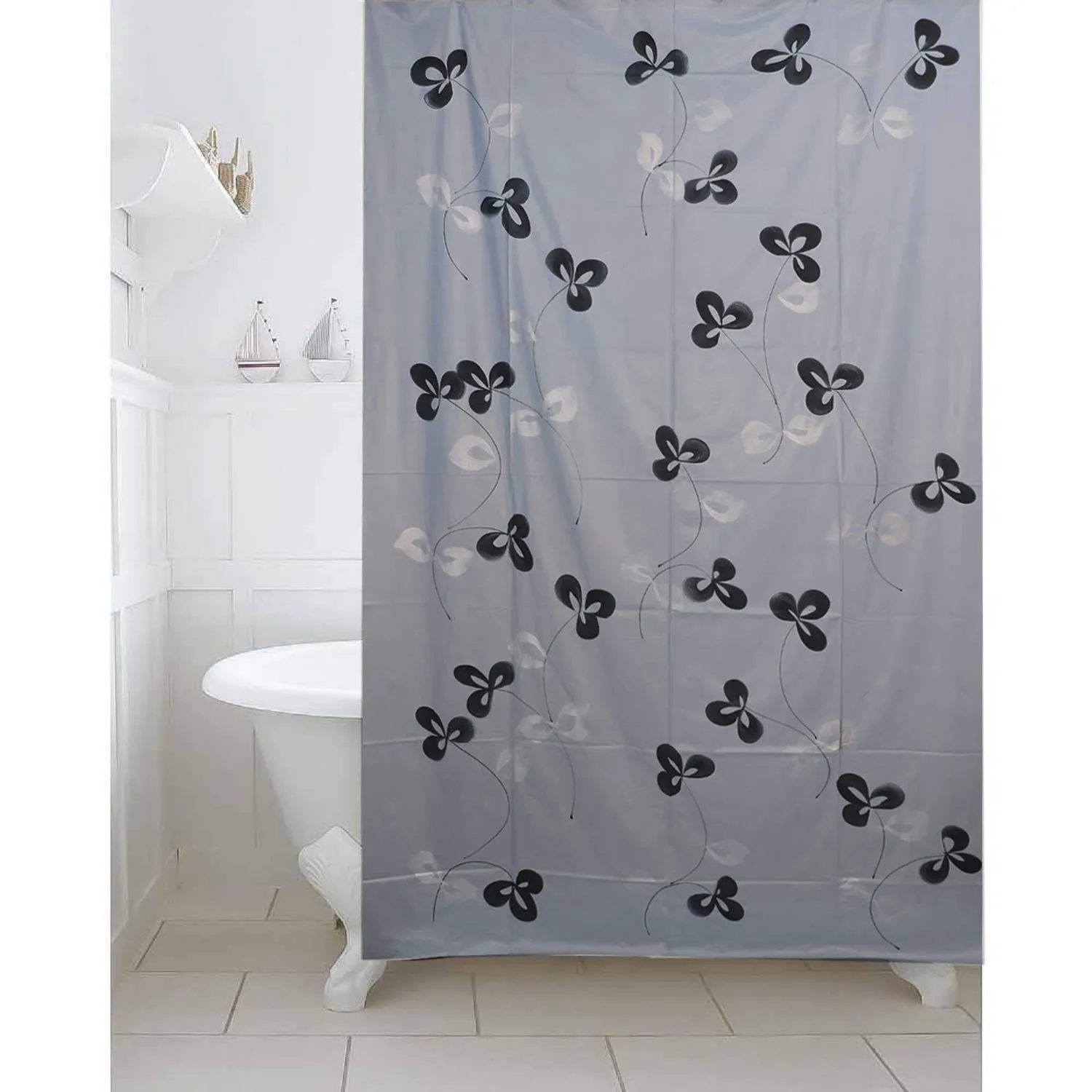 Kuber Industries Floral Design 7 Feet Shower Curtain with 8 Hooks (Grey)-CTKTC14448