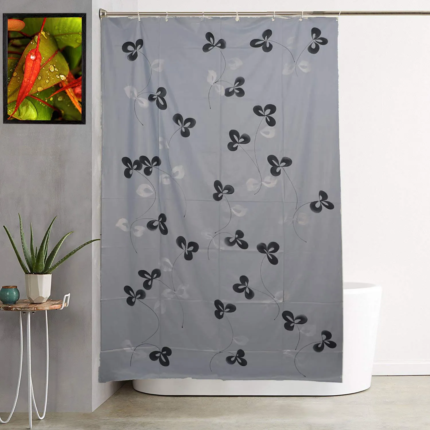 Kuber Industries Floral Design 7 Feet Shower Curtain with 8 Hooks (Grey)-CTKTC14448