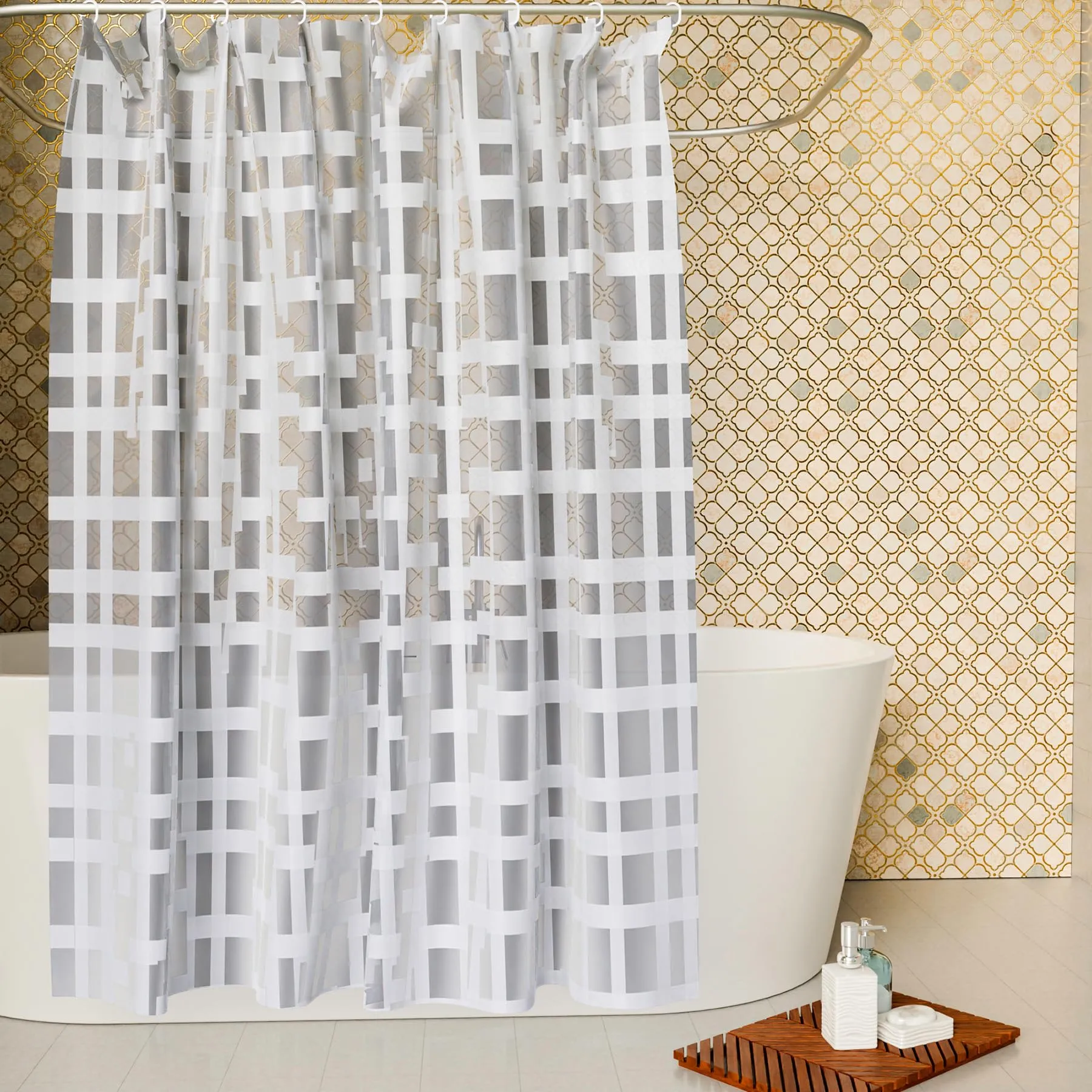 Kuber Industries Shower Curtain | PVC Shower Curtain with Hooks | Shower Curtain for Bathroom | AC Shower Curtain | Self Check Bathroom Shower Curtain | 7 Feet | Pack of 2 | White