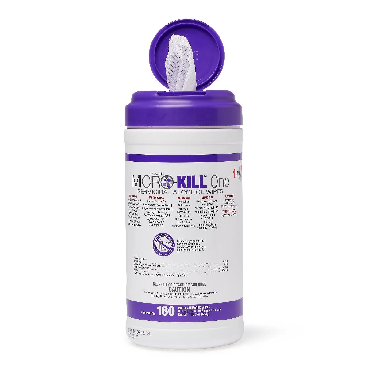 Medline Micro-Kill One Germicidal Alcohol Wipes, Reclosable Canister, 65-Count, 7" x 15" (1 can)