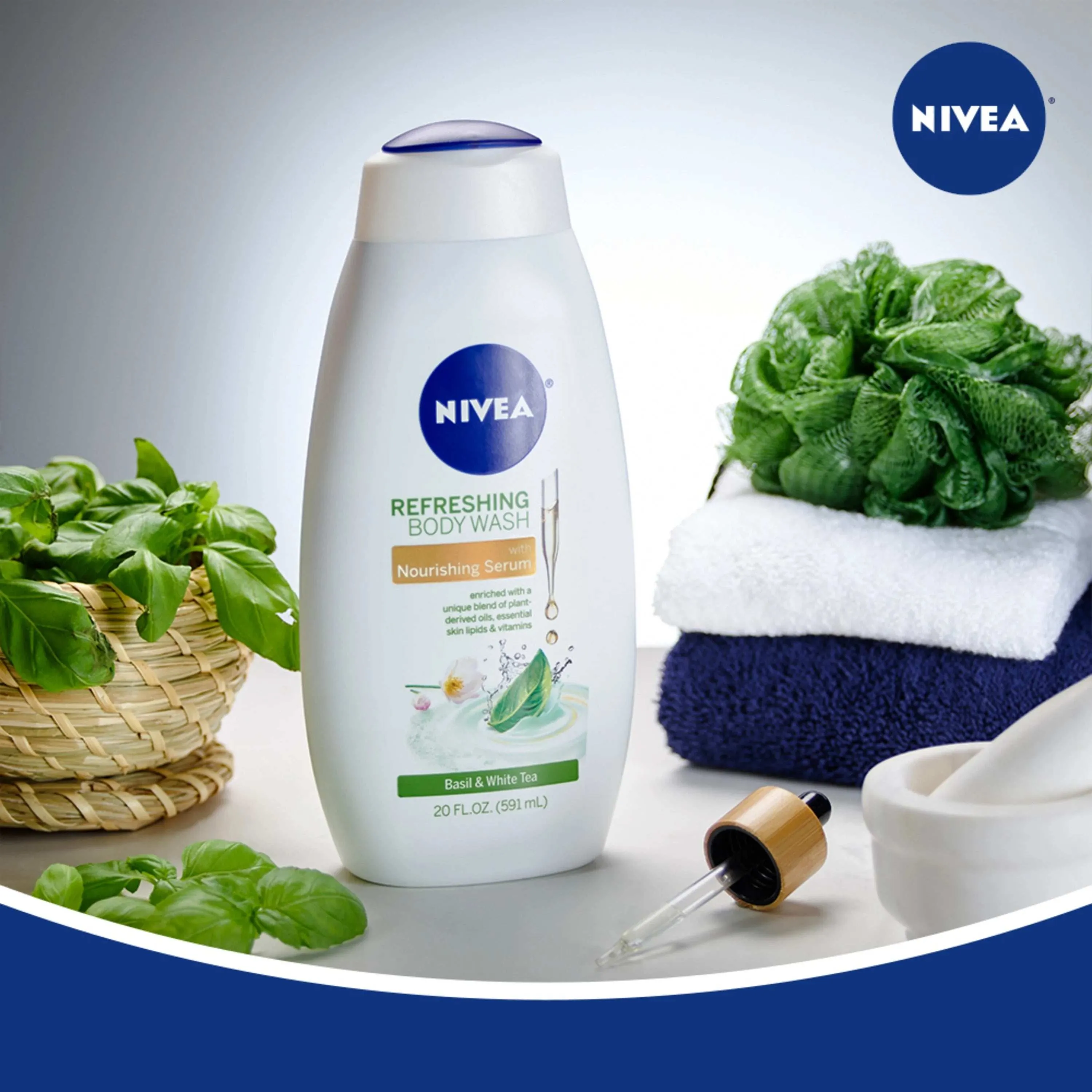 Nivea Refreshing Body Wash with Nourishing Serum Basil and White Tea - 20 oz