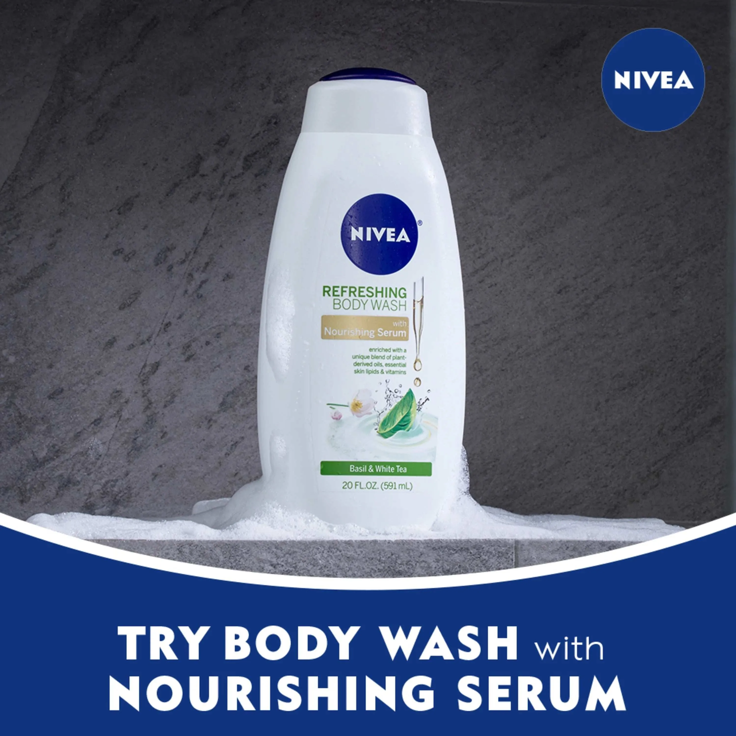 Nivea Refreshing Body Wash with Nourishing Serum Basil and White Tea - 20 oz