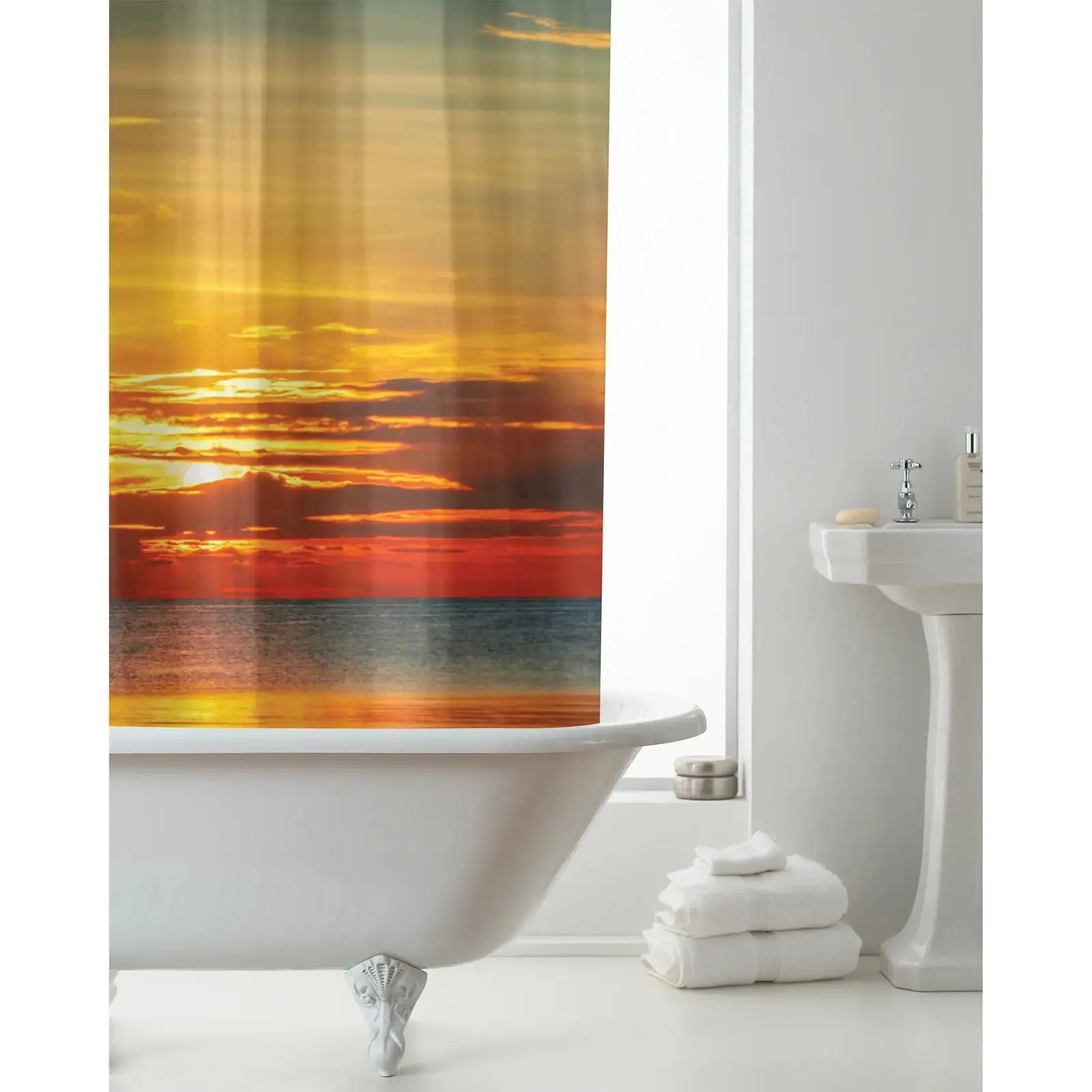 Ocean Sunset Pattern Shower Curtain With Rings Orange 180x180cm