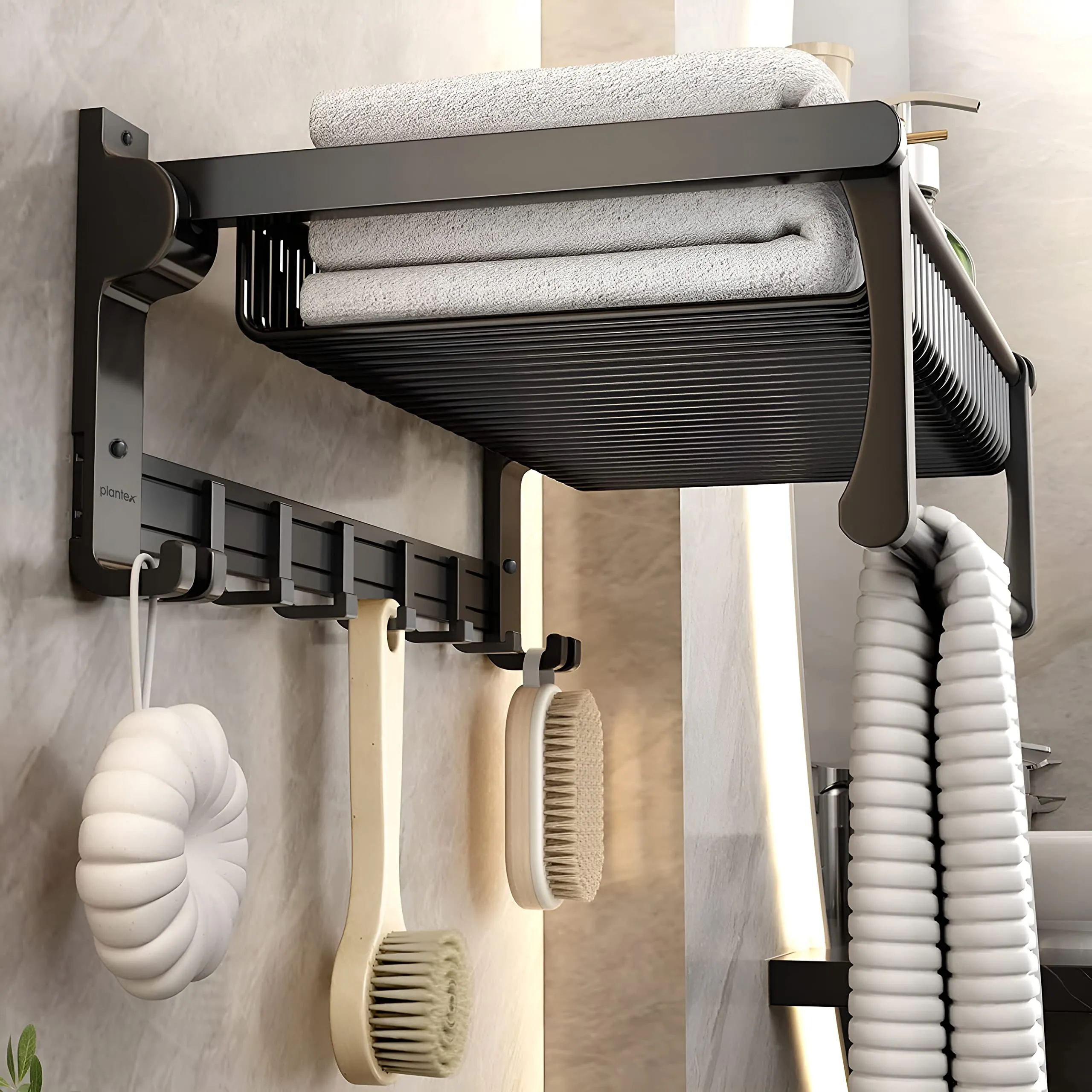 Plantex Aluminium Towel Rack/Towel Rod/Towel Hanger with Hooks/Bathroom Organizer/Bathroom Accessories (961,Black)