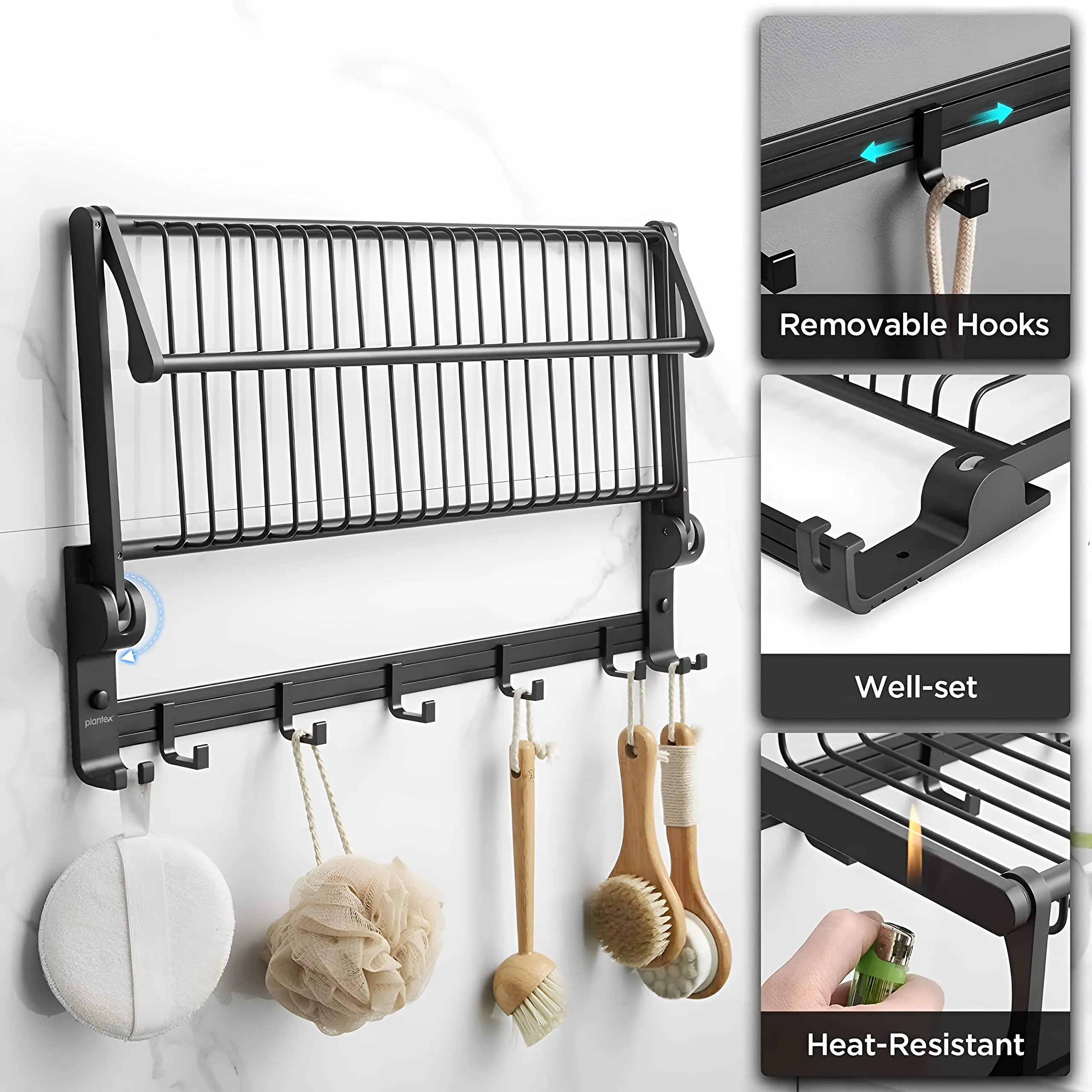 Plantex Aluminium Towel Rack/Towel Rod/Towel Hanger with Hooks/Bathroom Organizer/Bathroom Accessories (961,Black)