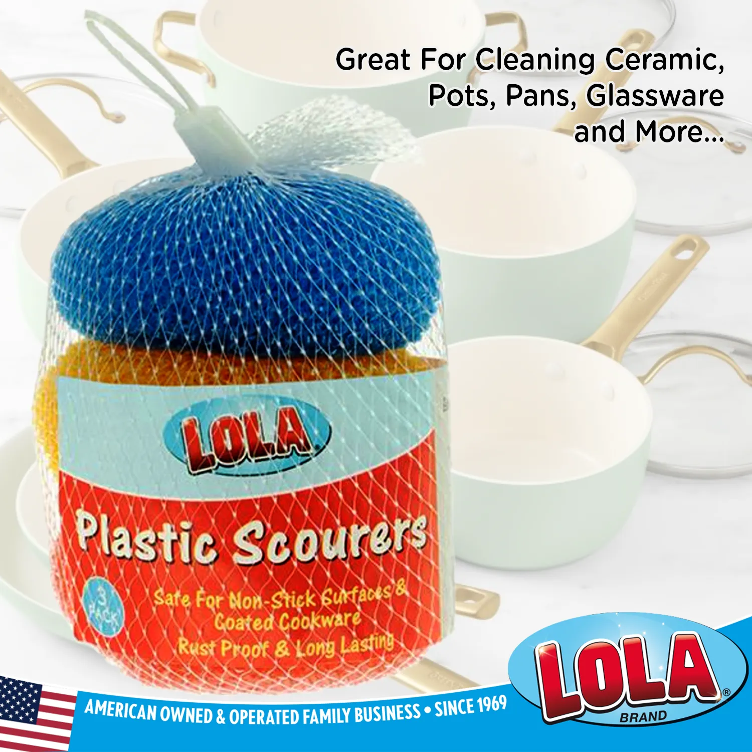 Plastic Mesh Scourer - 3 pack, each 3.75" x 1.25" - PACKED IN A NETTED BAG