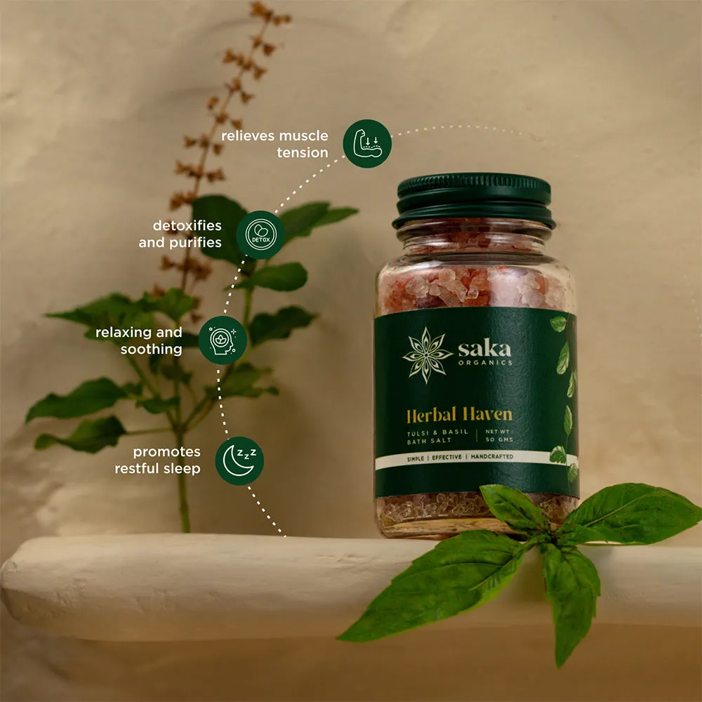 Saka - Herbal Haven | Handmade Tulsi & Basil Bath Salt | Natural Relaxation for All Skin Types (50gms)