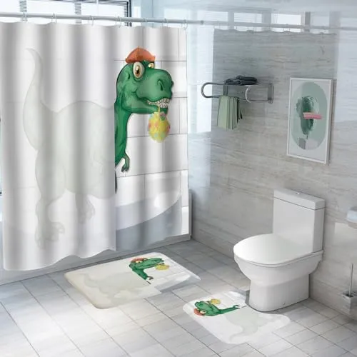 SAVYA HOME Shower Curtain (1) & Bathroom Mat (2) Set, Shower Curtains for Bathroom I, Waterproof Fabric I Anti Skid Mat for Bathroom Floor I Dinosaur Cartoon, Pack of 3