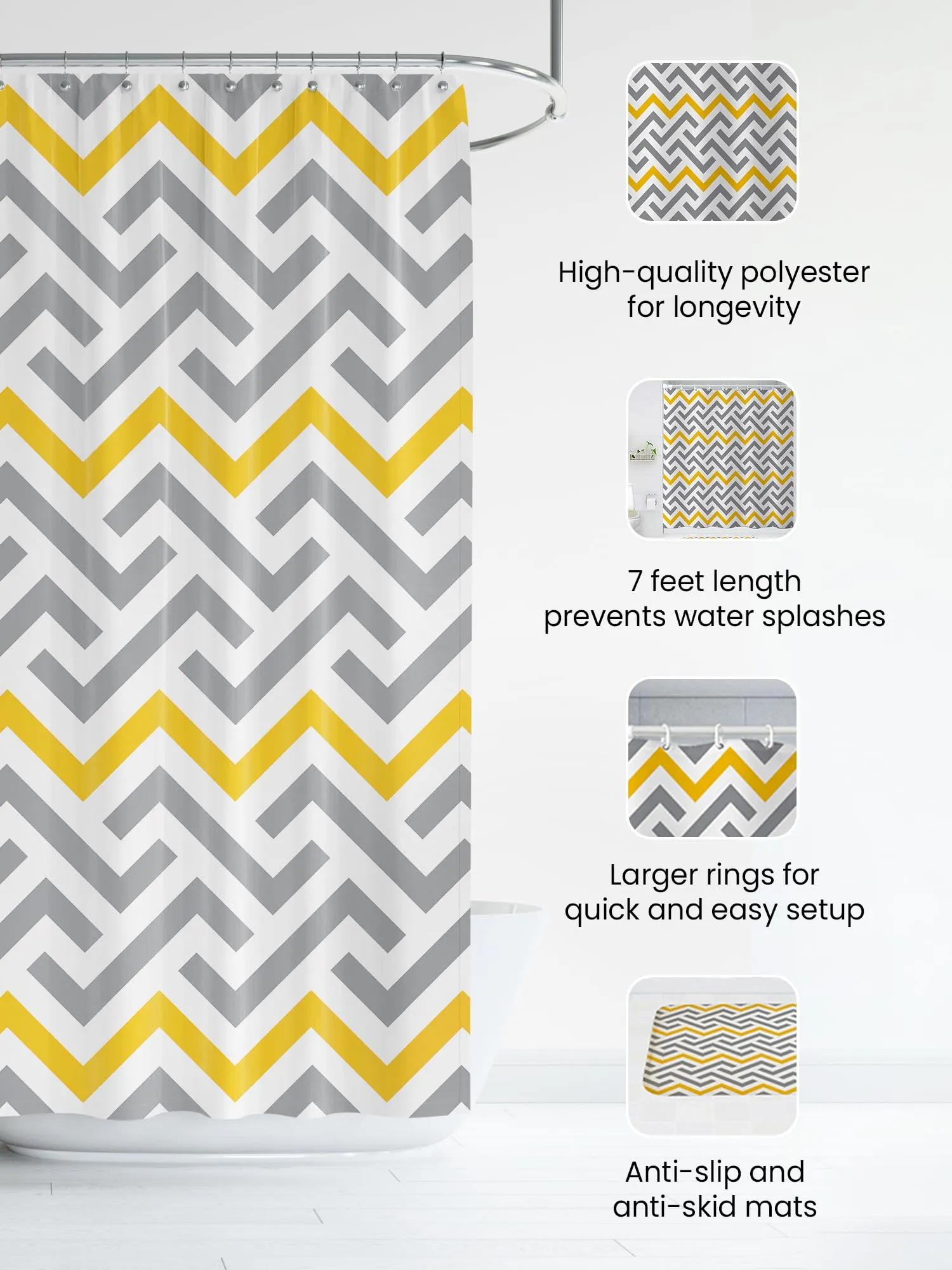 SAVYA HOME Shower Curtain (1) & Bathroom Mat (2) Set, Shower Curtains for Bathroom I, Waterproof Fabric I Anti Skid Mat for Bathroom Floor I Yellow Grey Aztec, Pack of 3