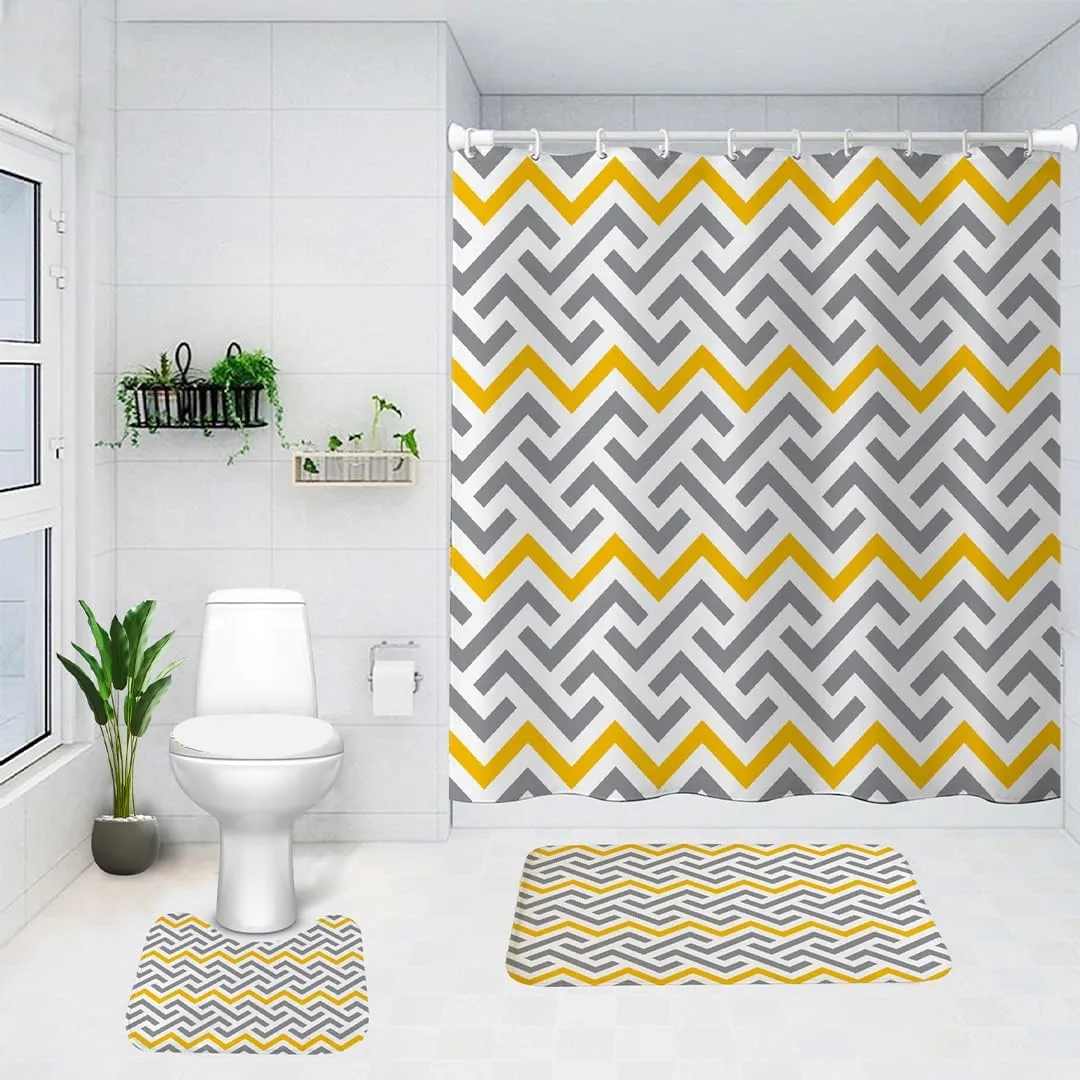 SAVYA HOME Shower Curtain (1) & Bathroom Mat (2) Set, Shower Curtains for Bathroom I, Waterproof Fabric I Anti Skid Mat for Bathroom Floor I Yellow Grey Aztec, Pack of 3