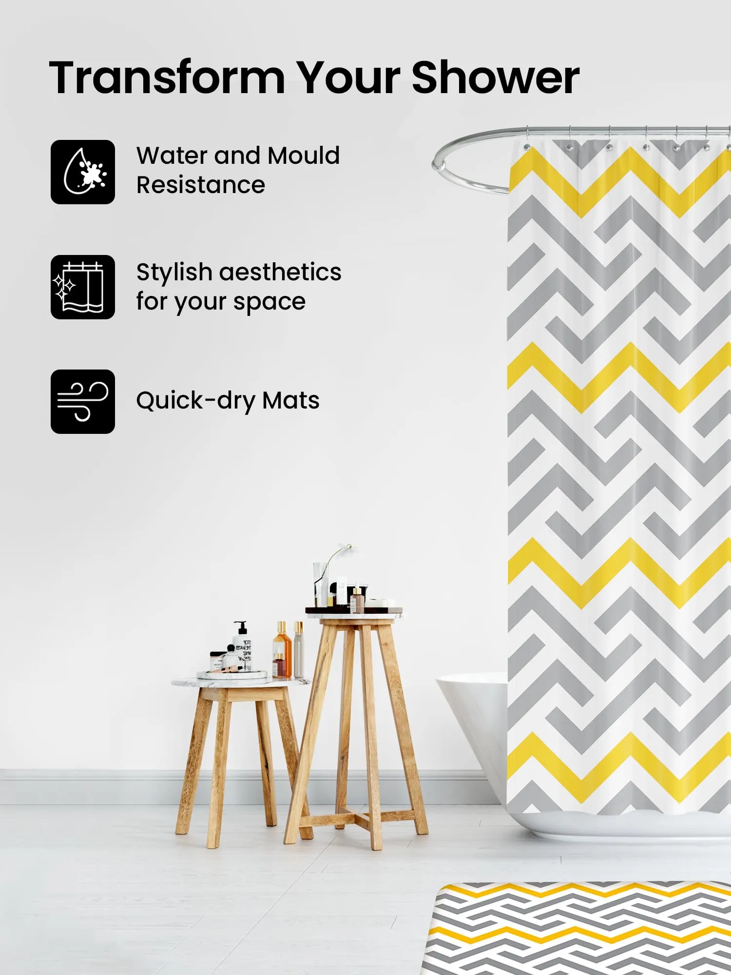 SAVYA HOME Shower Curtain (1) & Bathroom Mat (2) Set, Shower Curtains for Bathroom I, Waterproof Fabric I Anti Skid Mat for Bathroom Floor I Yellow Grey Aztec, Pack of 3