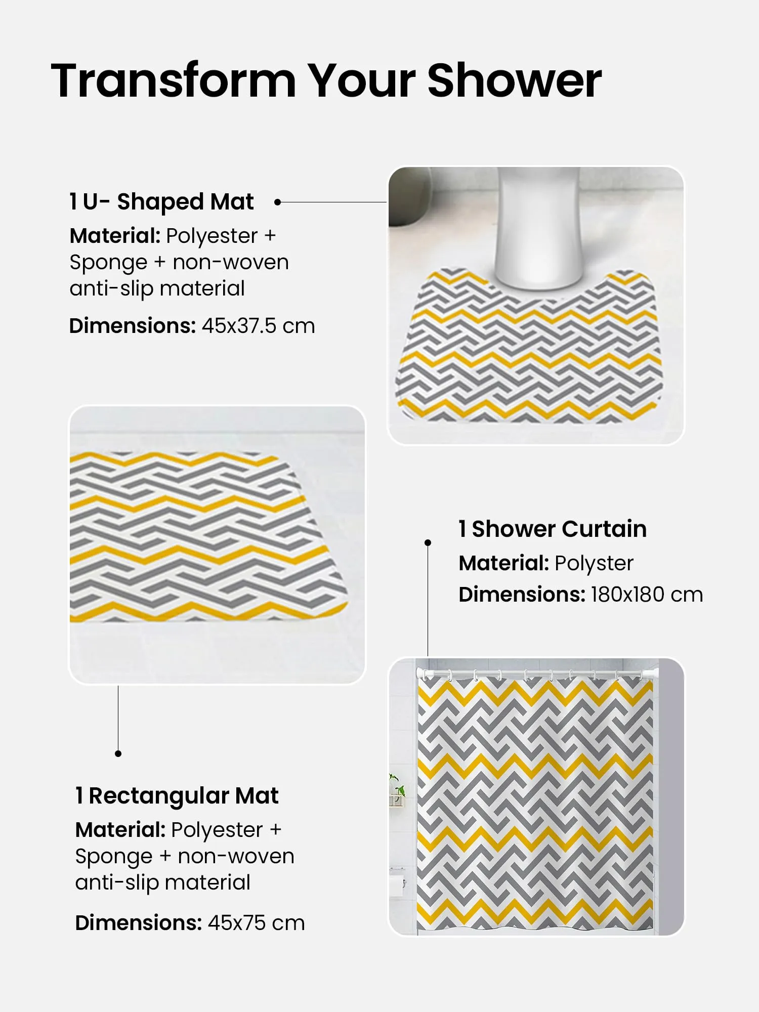 SAVYA HOME Shower Curtain (1) & Bathroom Mat (2) Set, Shower Curtains for Bathroom I, Waterproof Fabric I Anti Skid Mat for Bathroom Floor I Yellow Grey Aztec, Pack of 3